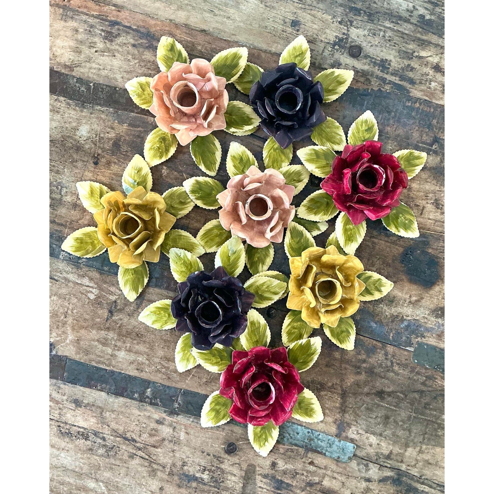 Vintage Hand Painted Tole Roses Candle Holders - Set of 8 - Back view