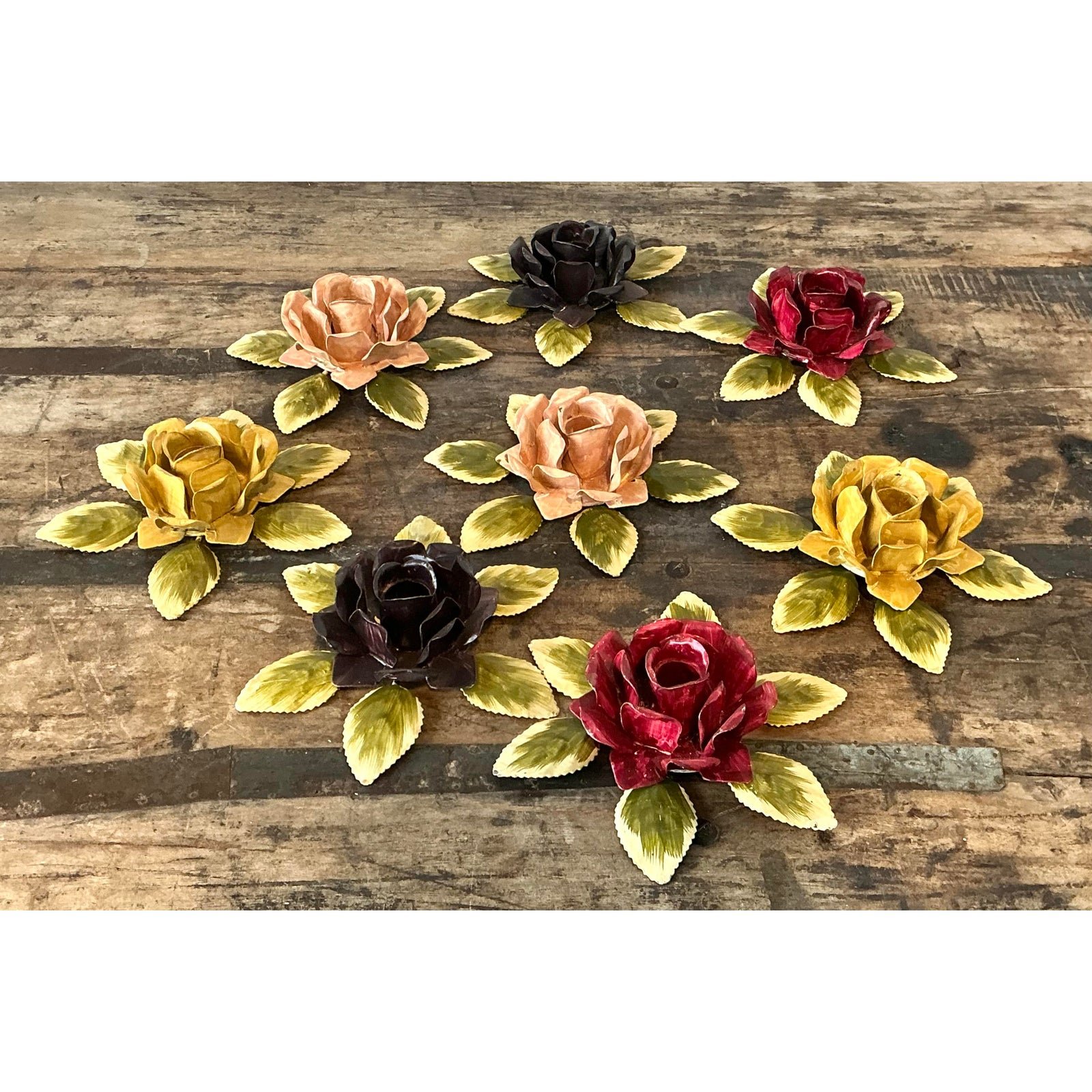 Vintage Hand Painted Tole Roses Candle Holders - Set of 8 - Top view