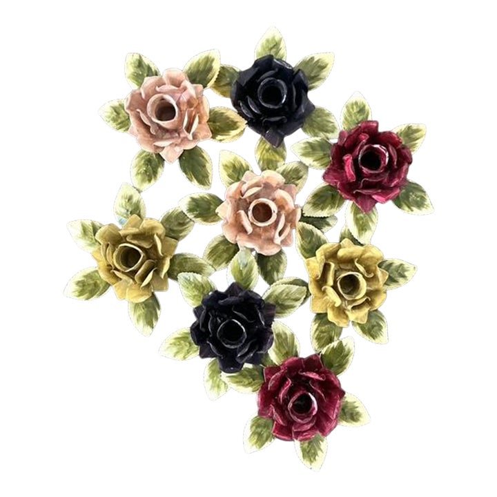 Vintage Hand Painted Tole Roses Candle Holders - Set of 8