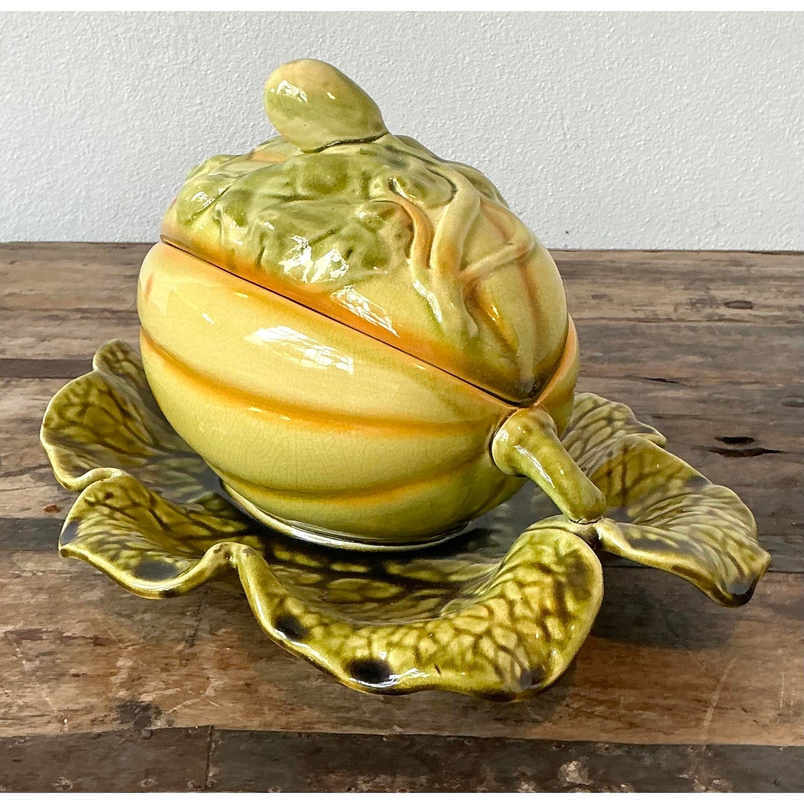 Vintage French Sarreguemines Glazed Ceramic Lidded Melon Bowl - Detail view