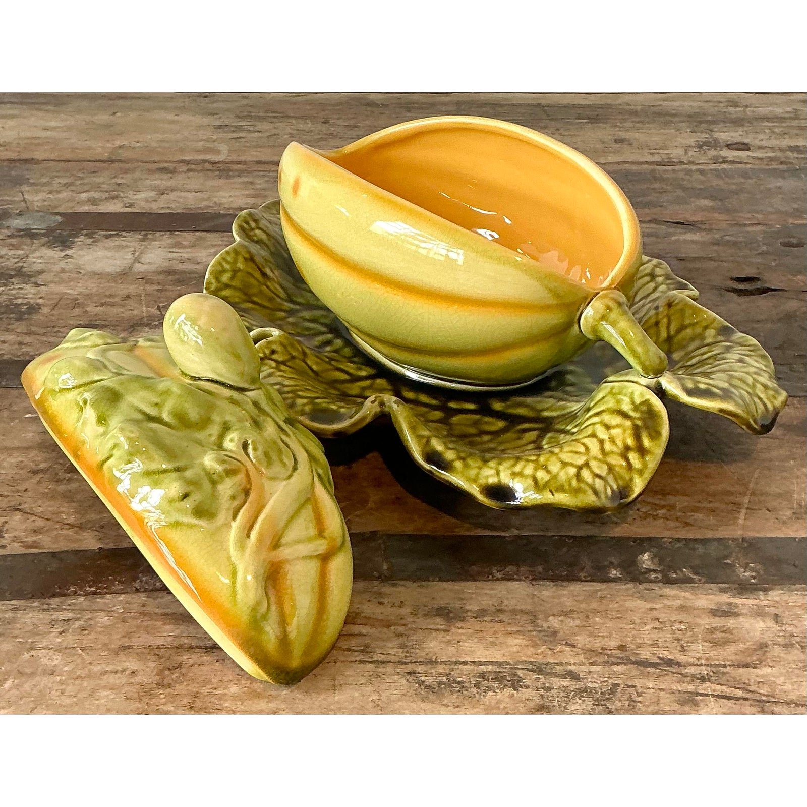 Vintage French Sarreguemines Glazed Ceramic Lidded Melon Bowl - Top view