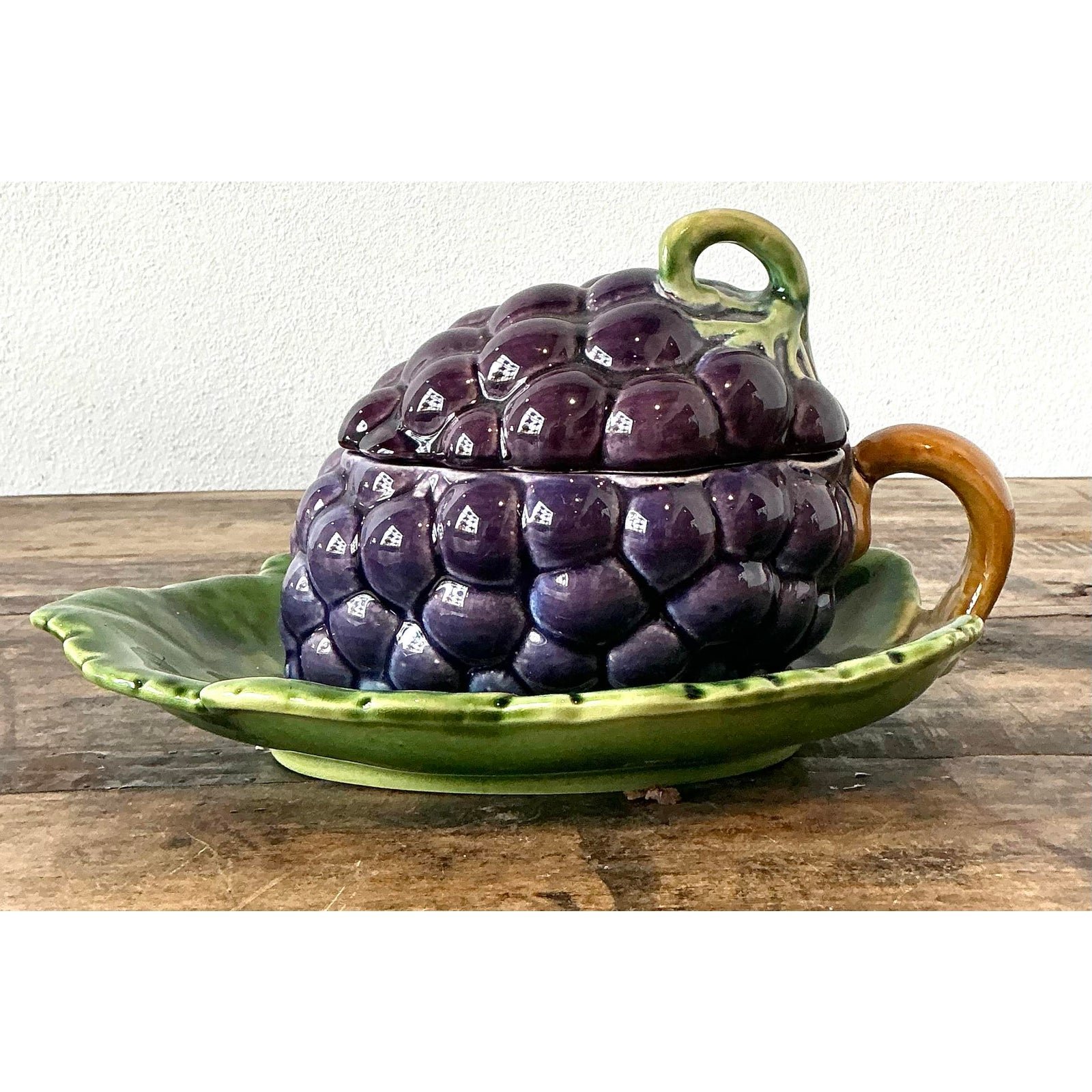 Vintage French Sarreguemines Glazed Ceramic Lidded Bowl - Back view