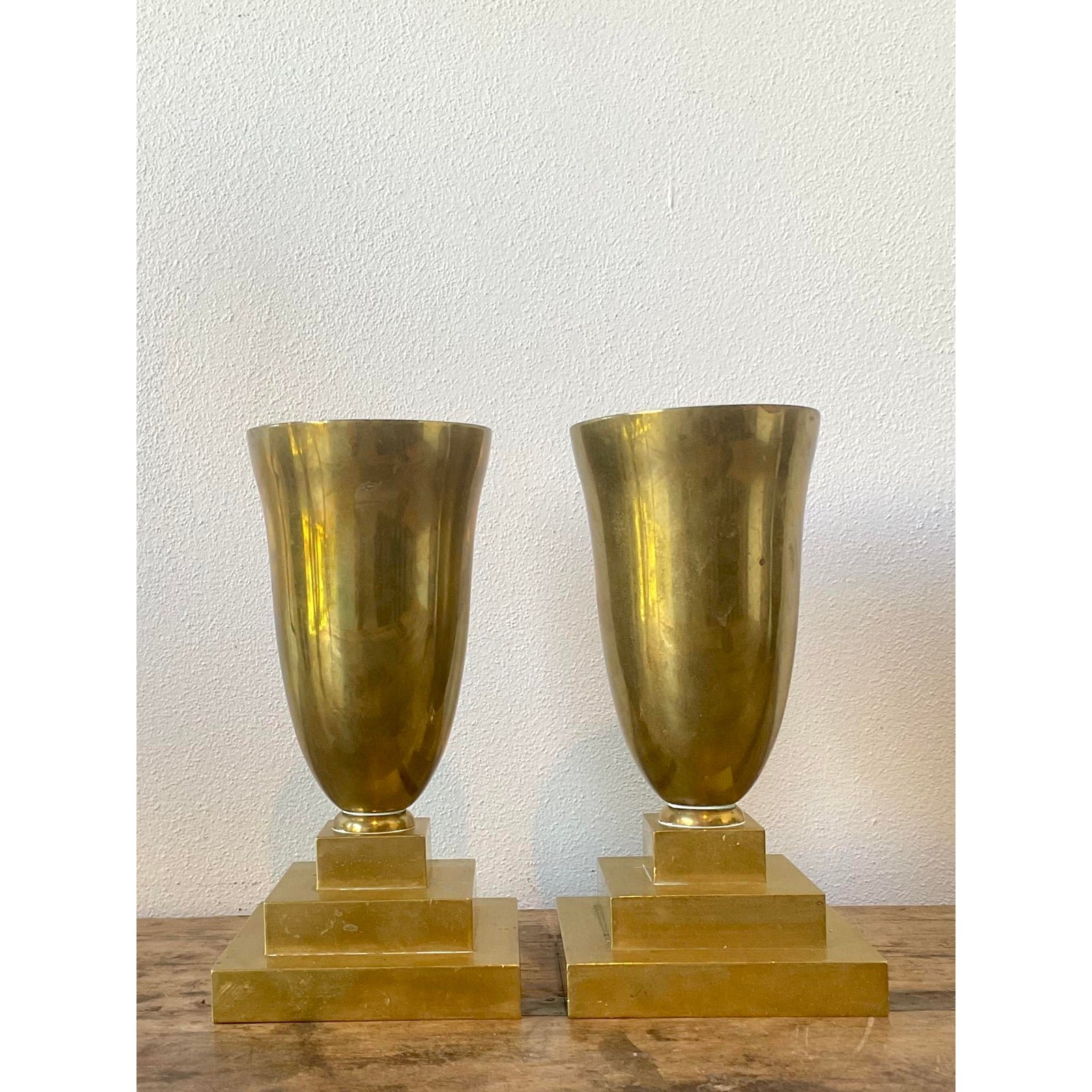 Vintage Brass Pedestal Urns - A Pair - Top view