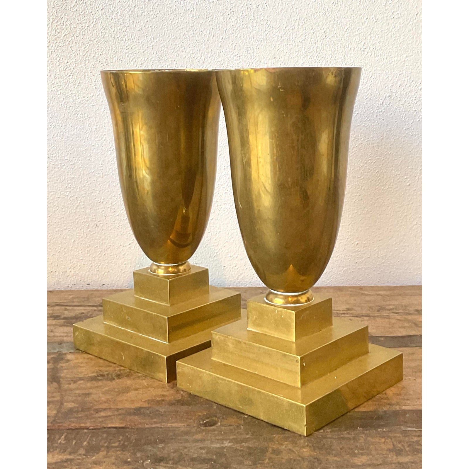 Vintage Brass Pedestal Urns - A Pair - Side view