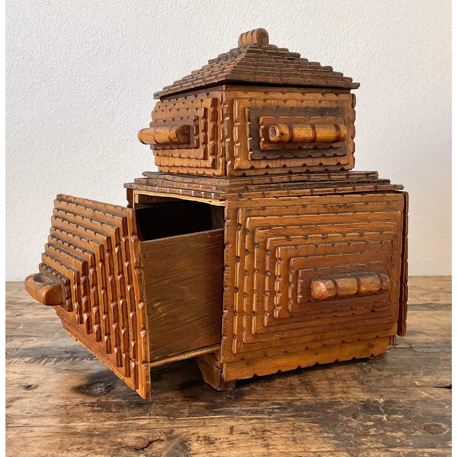 Vintage Original Tramp Art Stacked Box - Side view