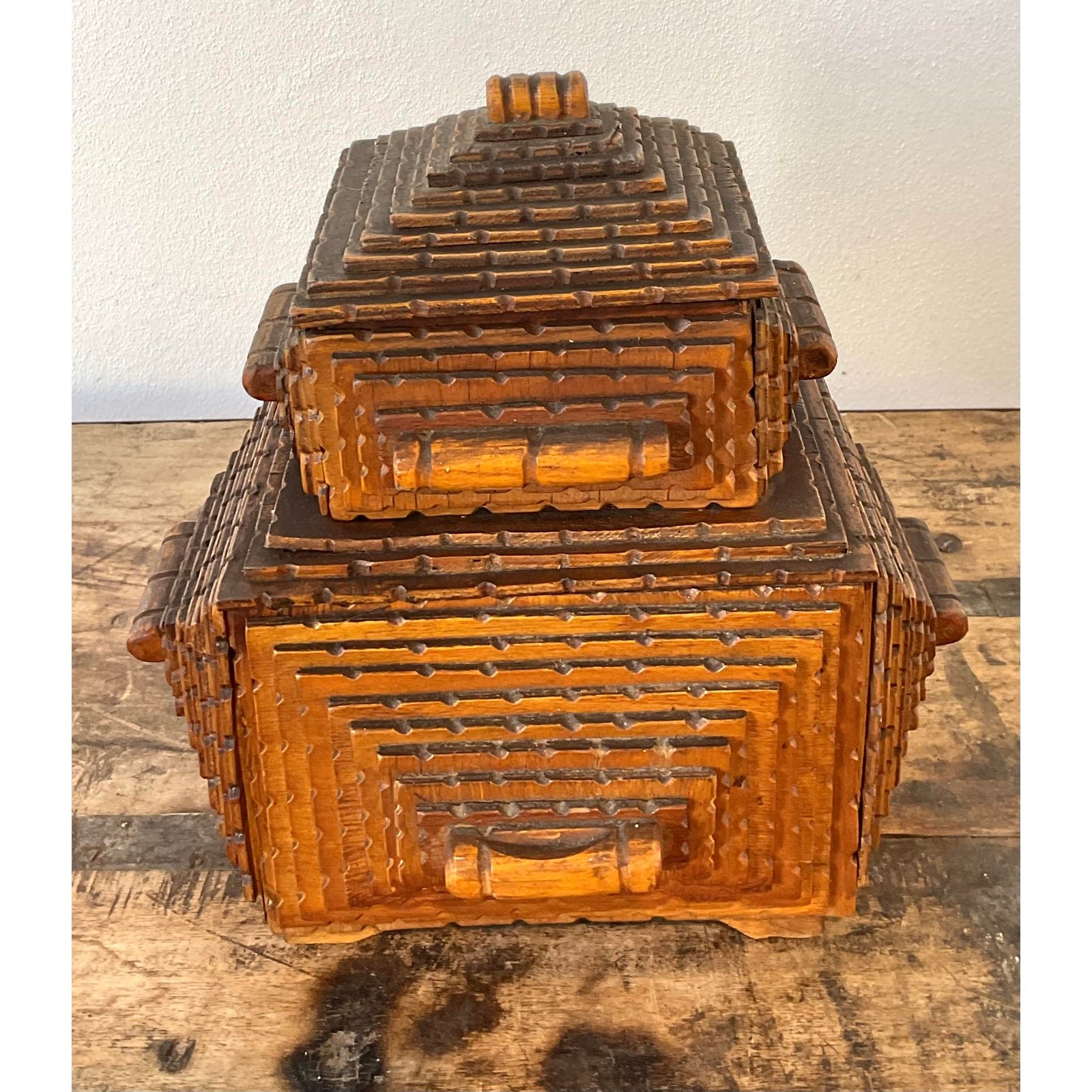 Vintage Original Tramp Art Stacked Box - Back view