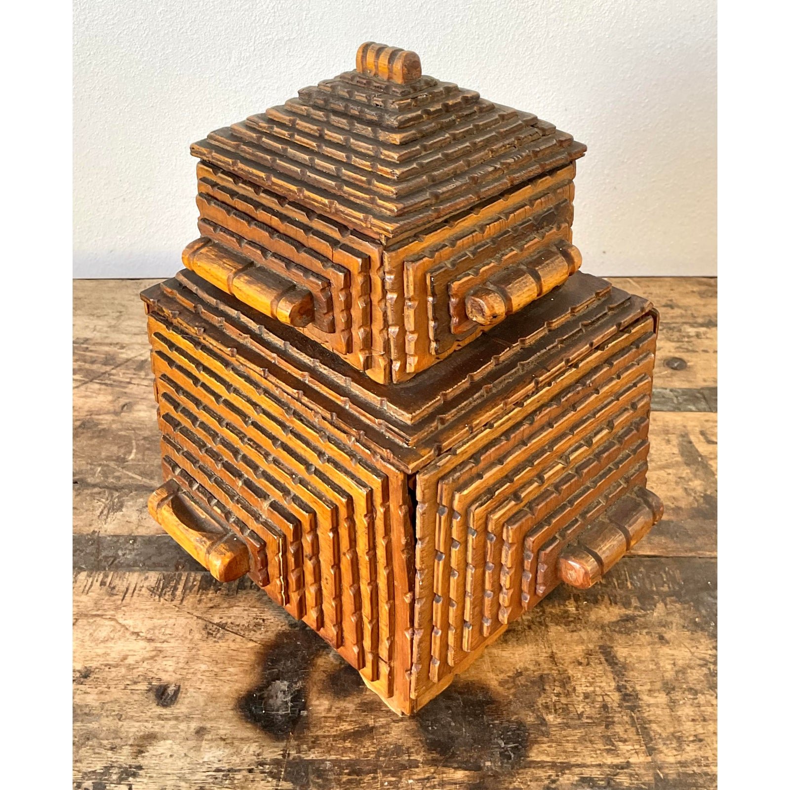 Vintage Original Tramp Art Stacked Box - Detail view