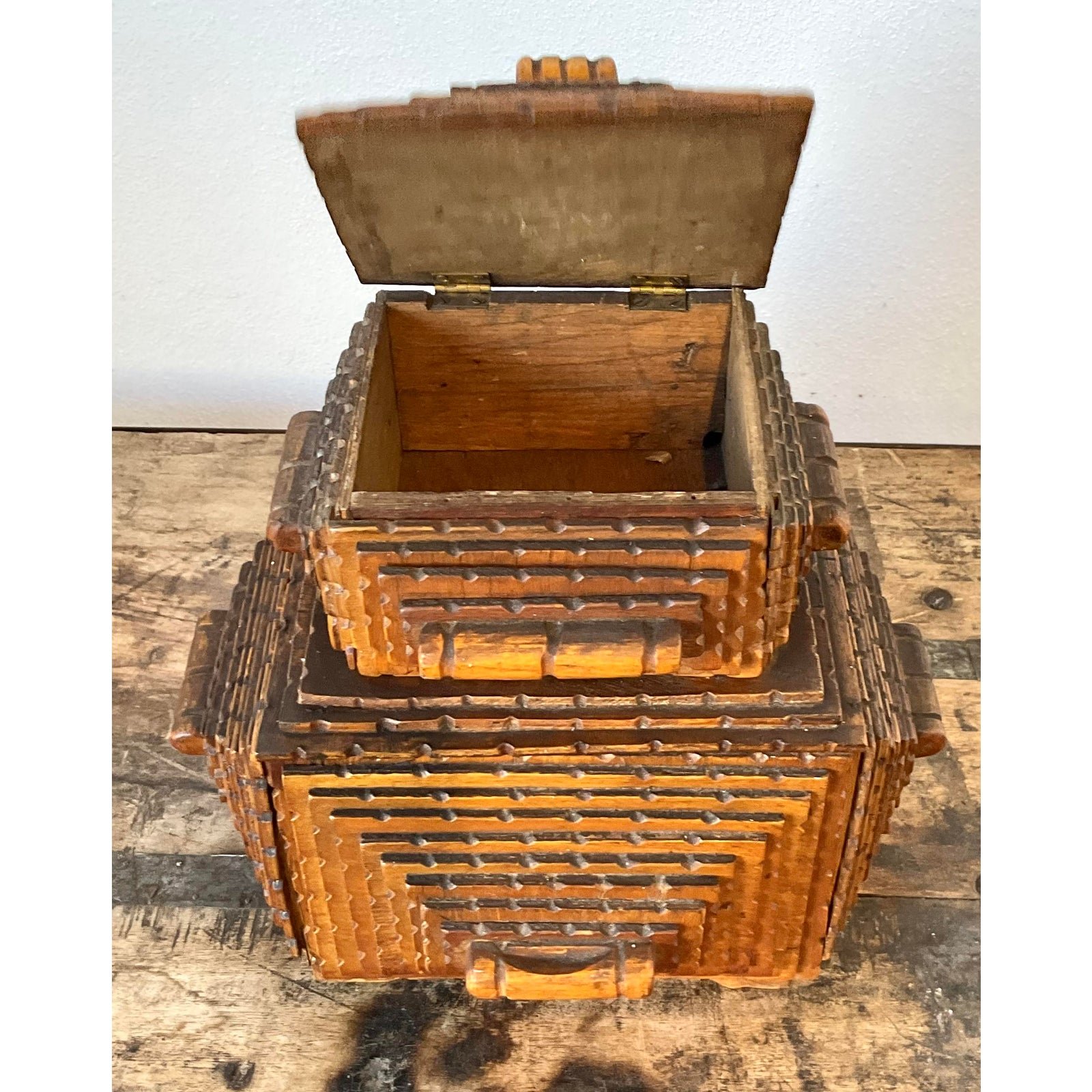Vintage Original Tramp Art Stacked Box - Top view