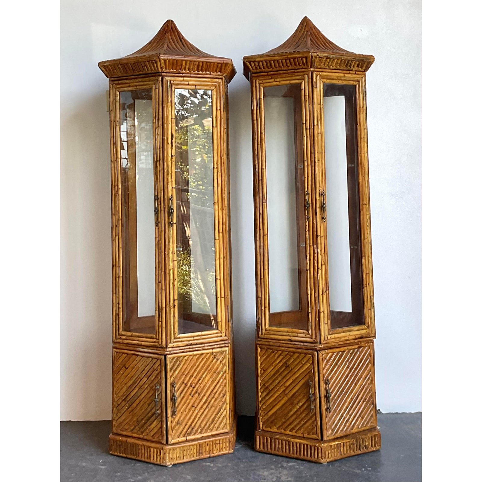 Vintage Pagoda Split Rattan Tall Cabinets - A Pair - Side view
