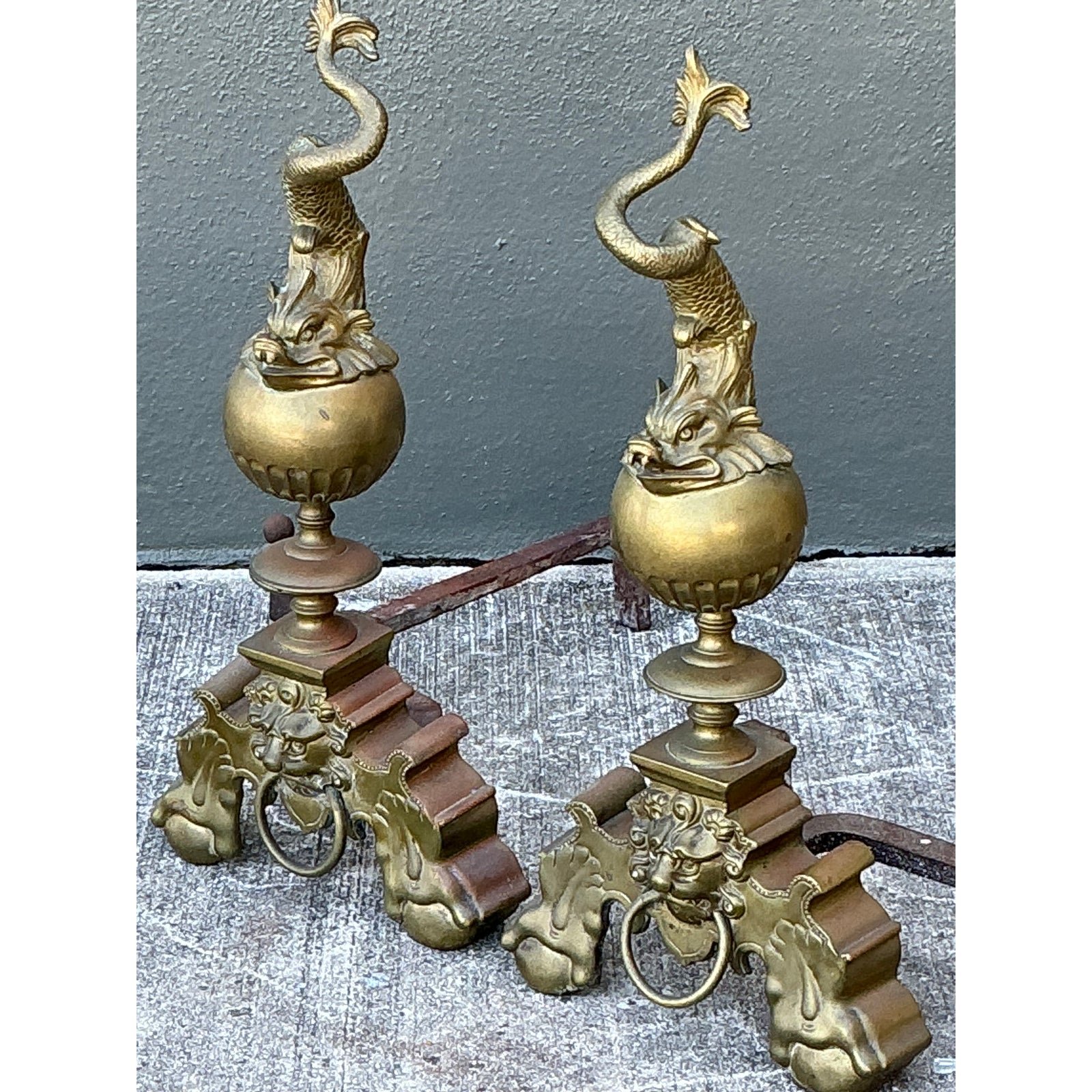 Vintage Brass Koi Andirons - A Pair - Back view