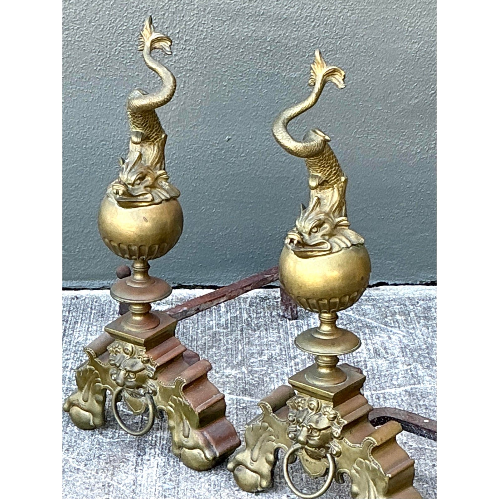 Vintage Brass Koi Andirons - A Pair - Top view