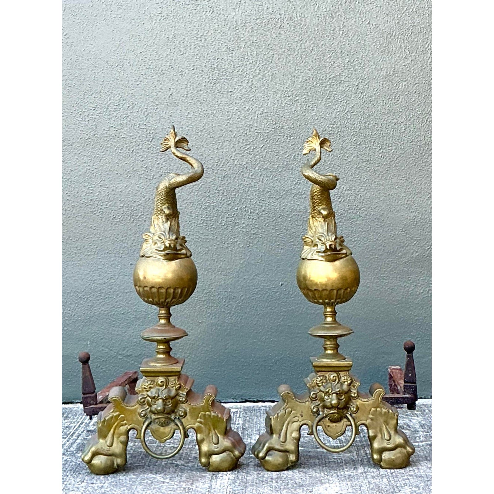 Vintage Brass Koi Andirons - A Pair - Side view