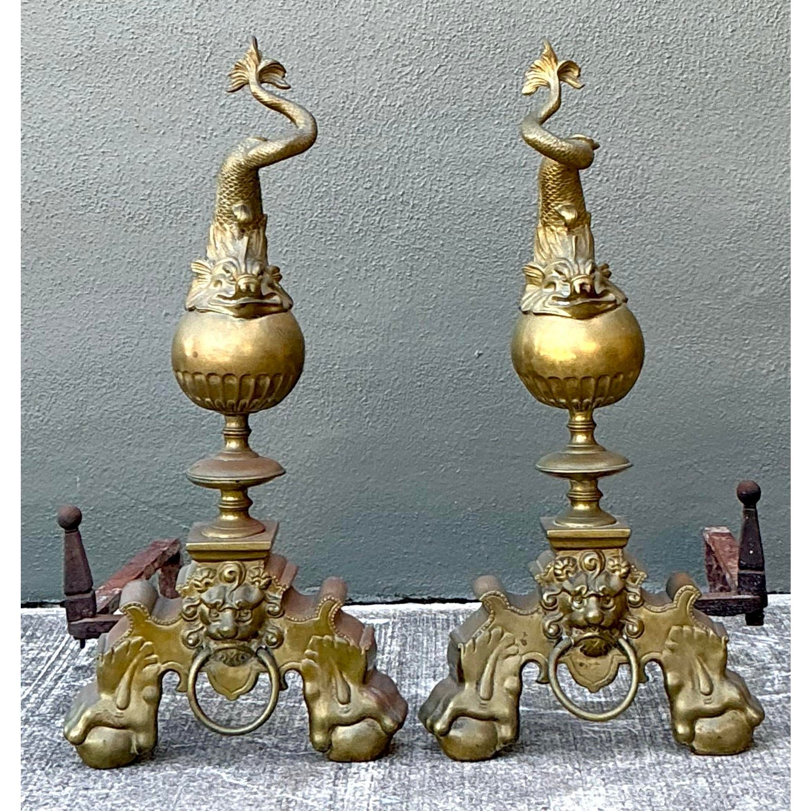 Vintage Brass Koi Andirons - A Pair - Detail view