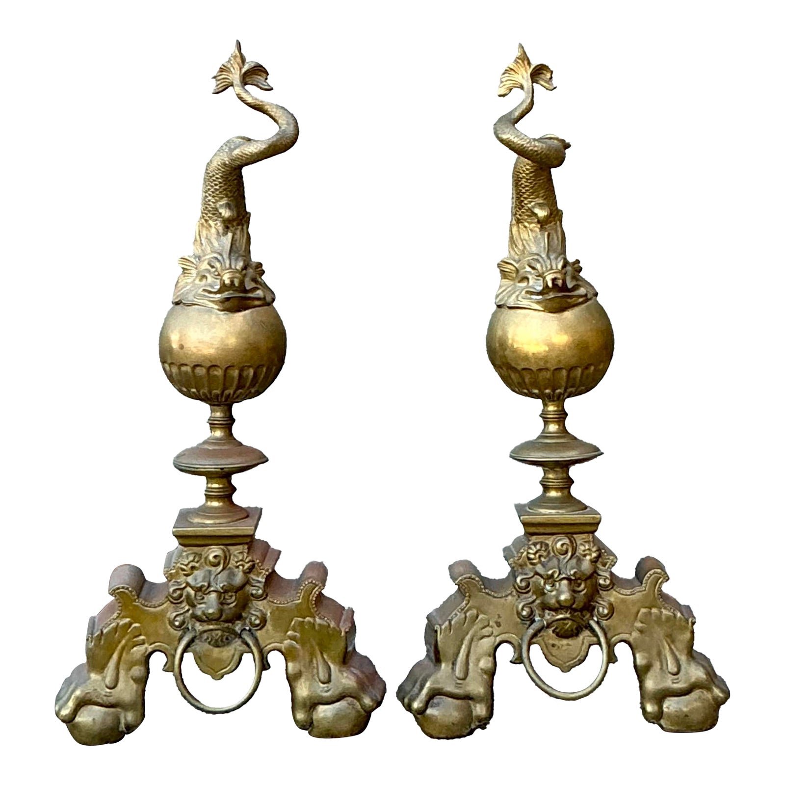 Vintage Brass Koi Andirons - A Pair