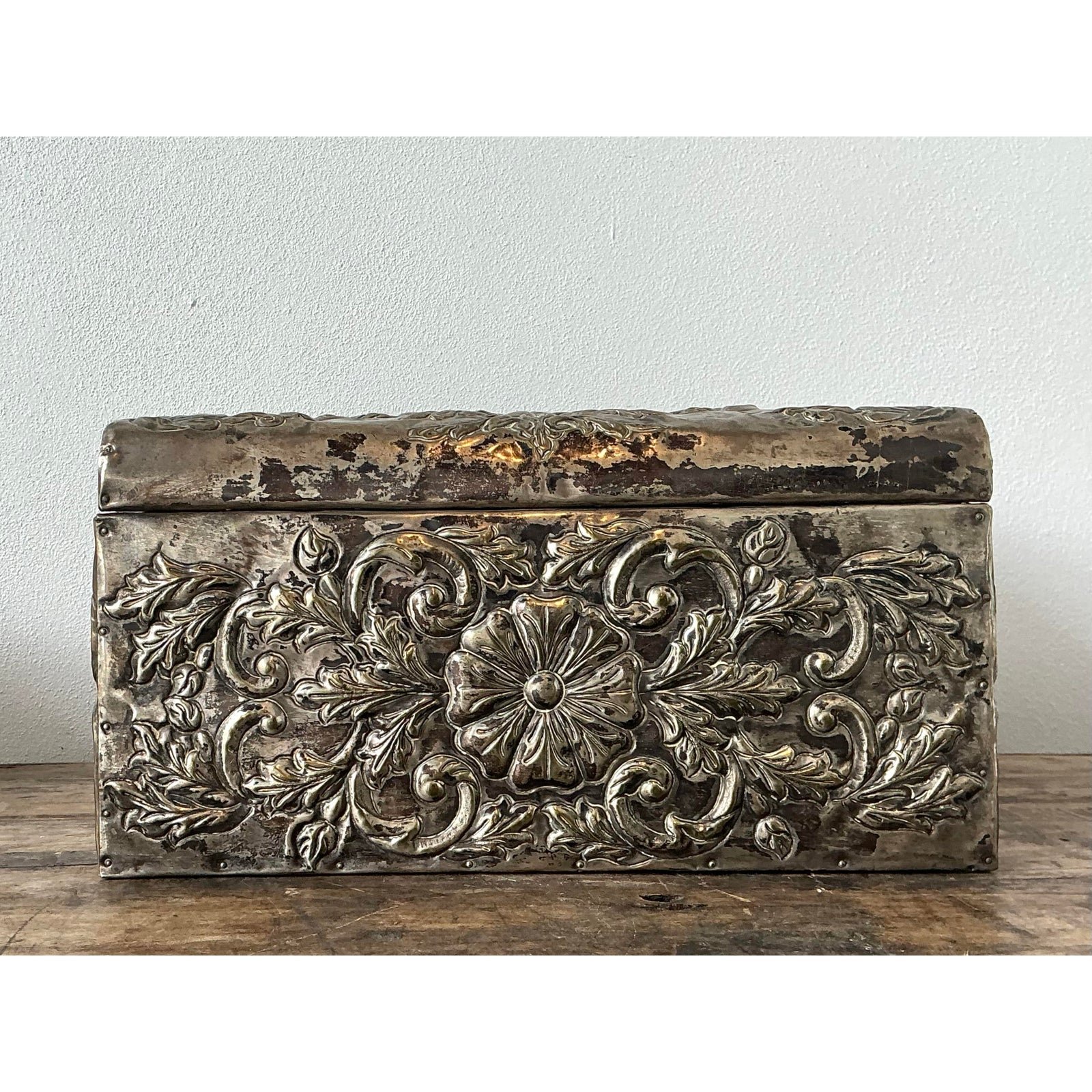 Vintage Hammered Floral Metal Box - Side view