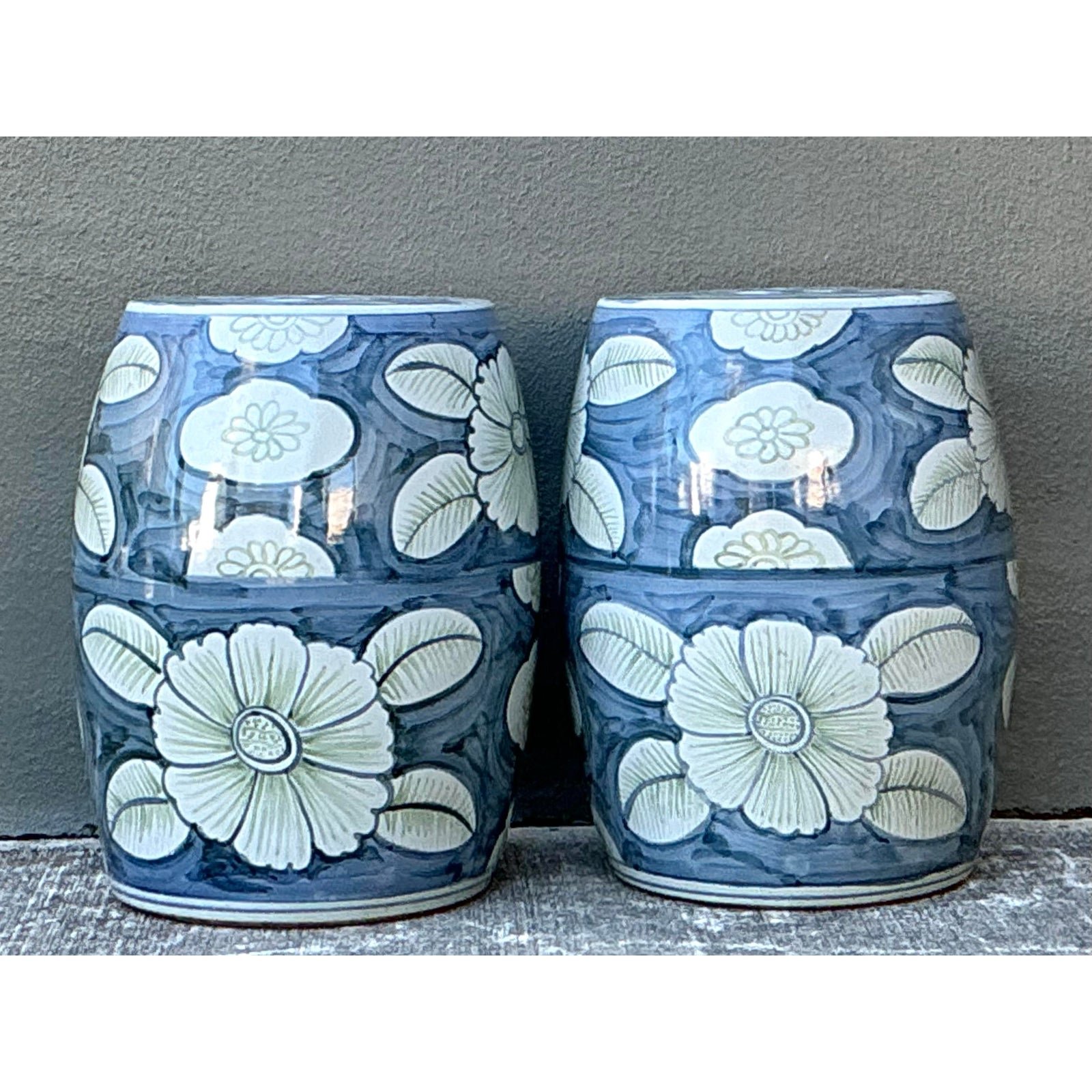 Vintage Glazed Ceramic Floral Garden Stools - A Pair - Side view