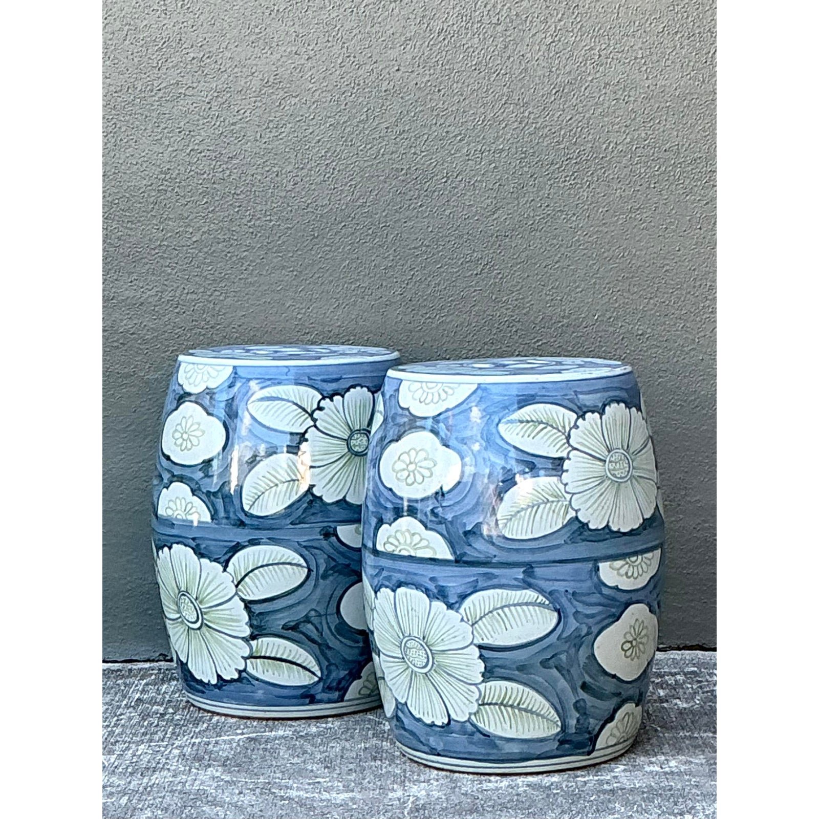 Vintage Glazed Ceramic Floral Garden Stools - A Pair - Back view