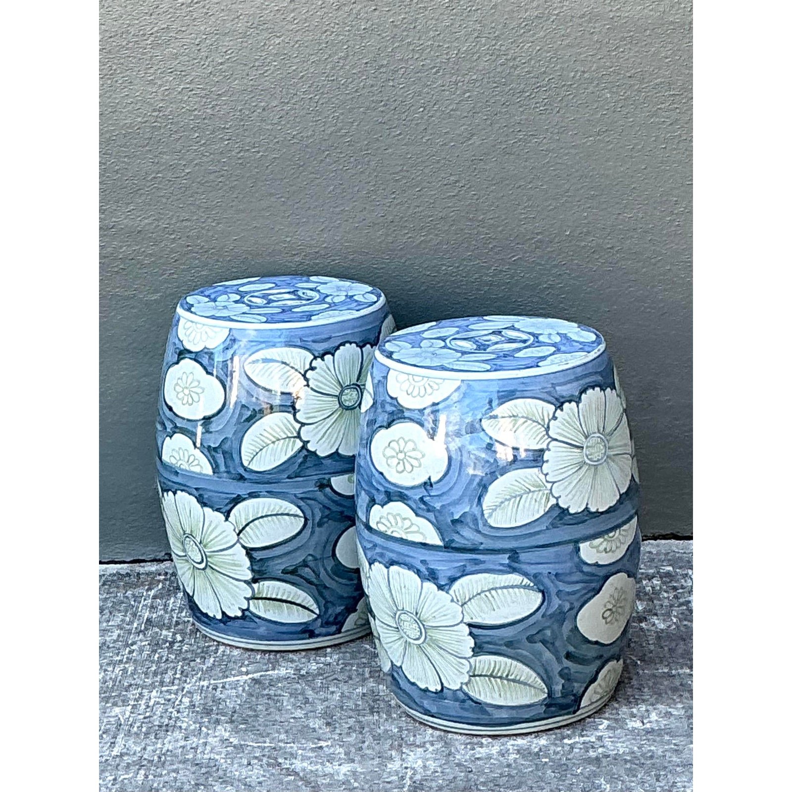 Vintage Glazed Ceramic Floral Garden Stools - A Pair - Top view
