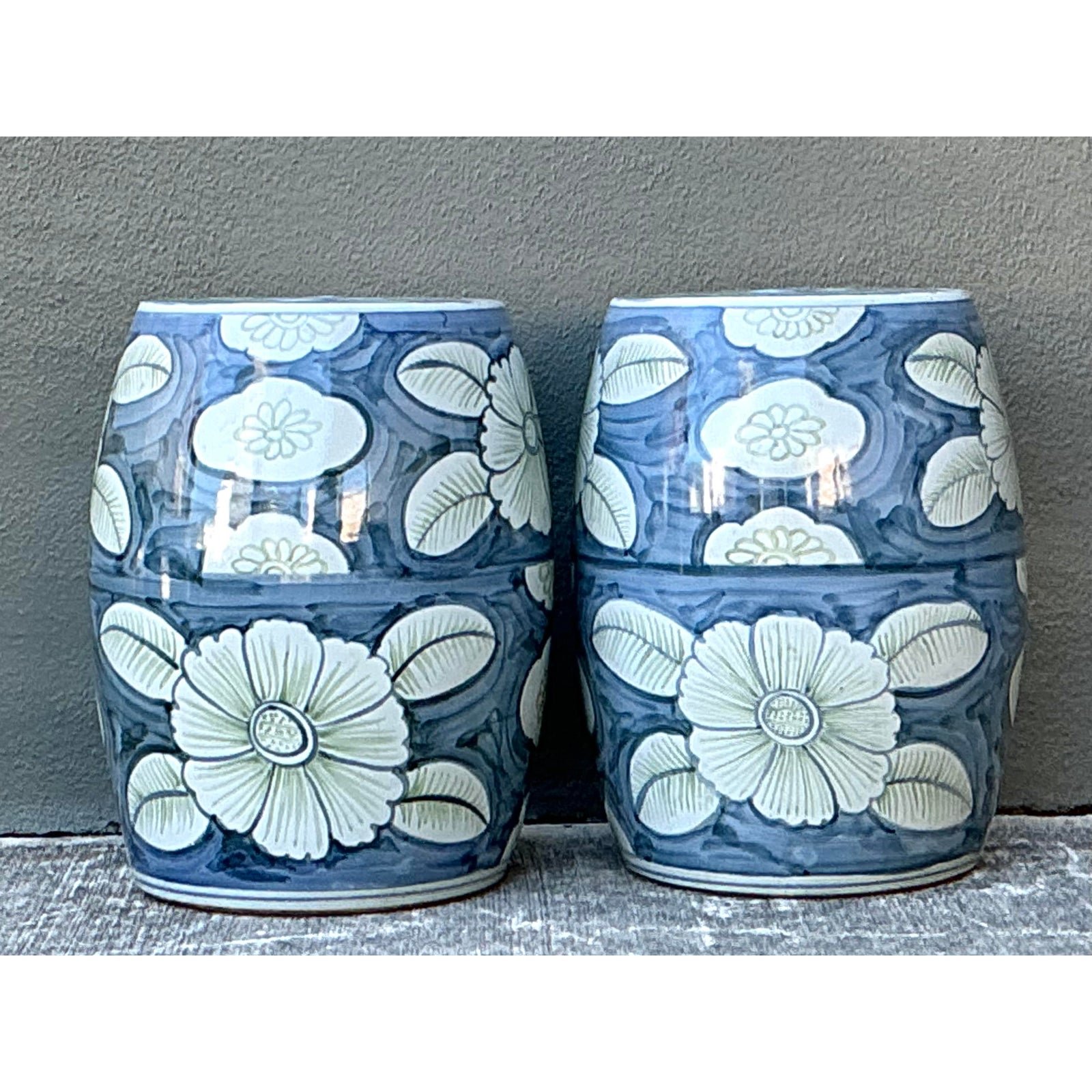 Vintage Glazed Ceramic Floral Garden Stools - A Pair - Detail view