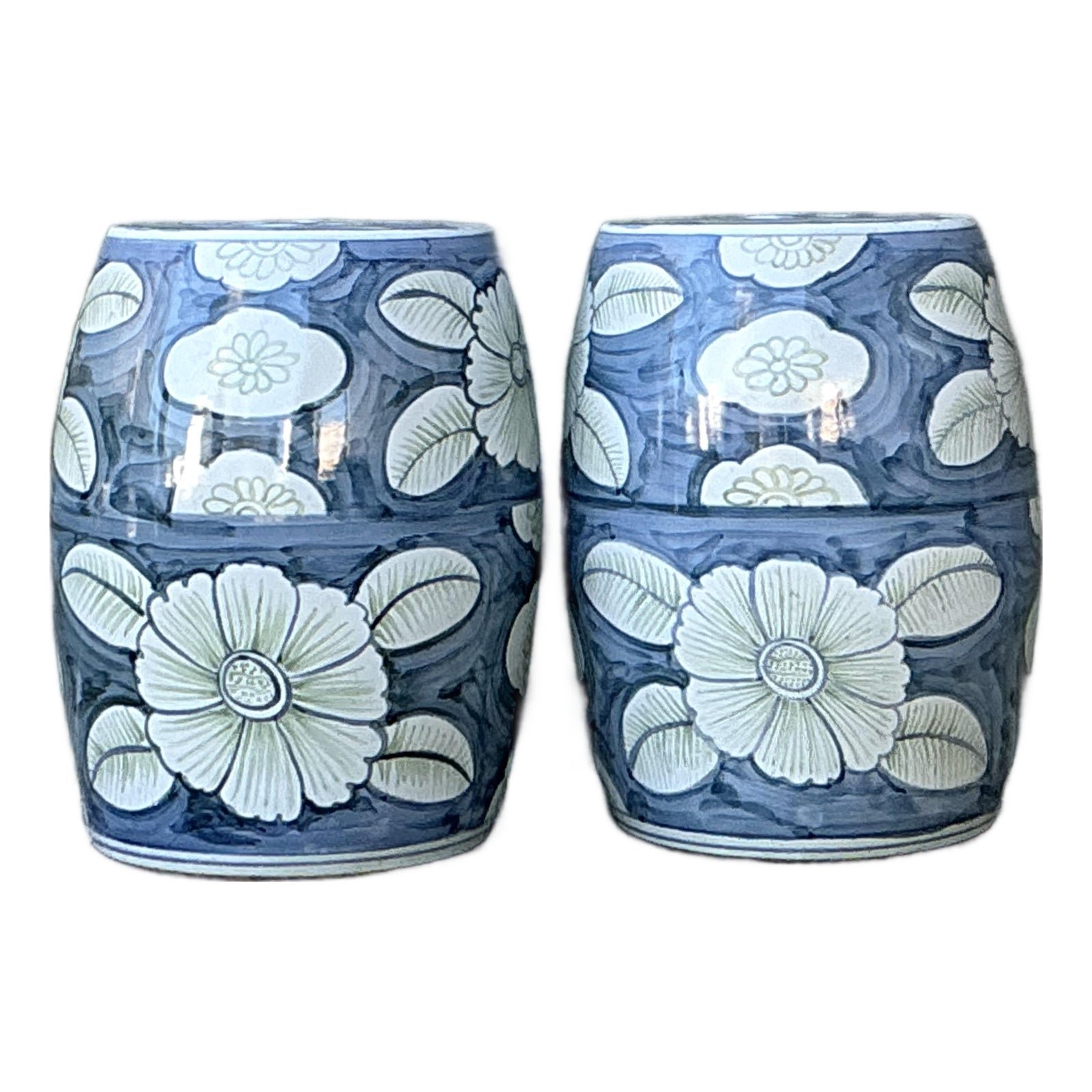 Vintage Glazed Ceramic Floral Garden Stools - A Pair