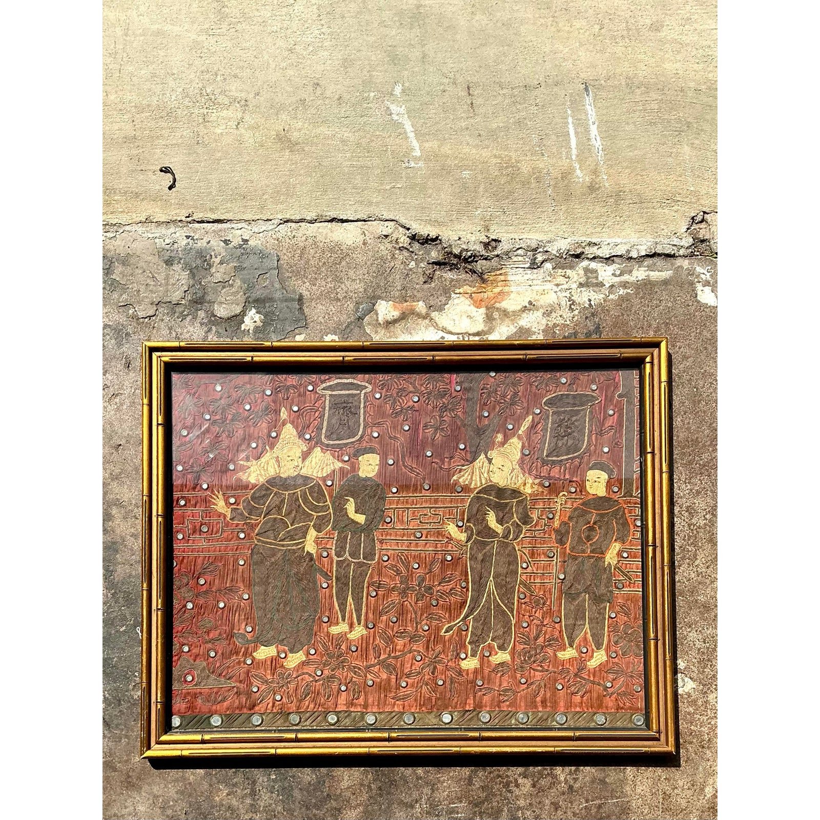 Vintage Asian Original Embroidered Silk Figurative - Side view