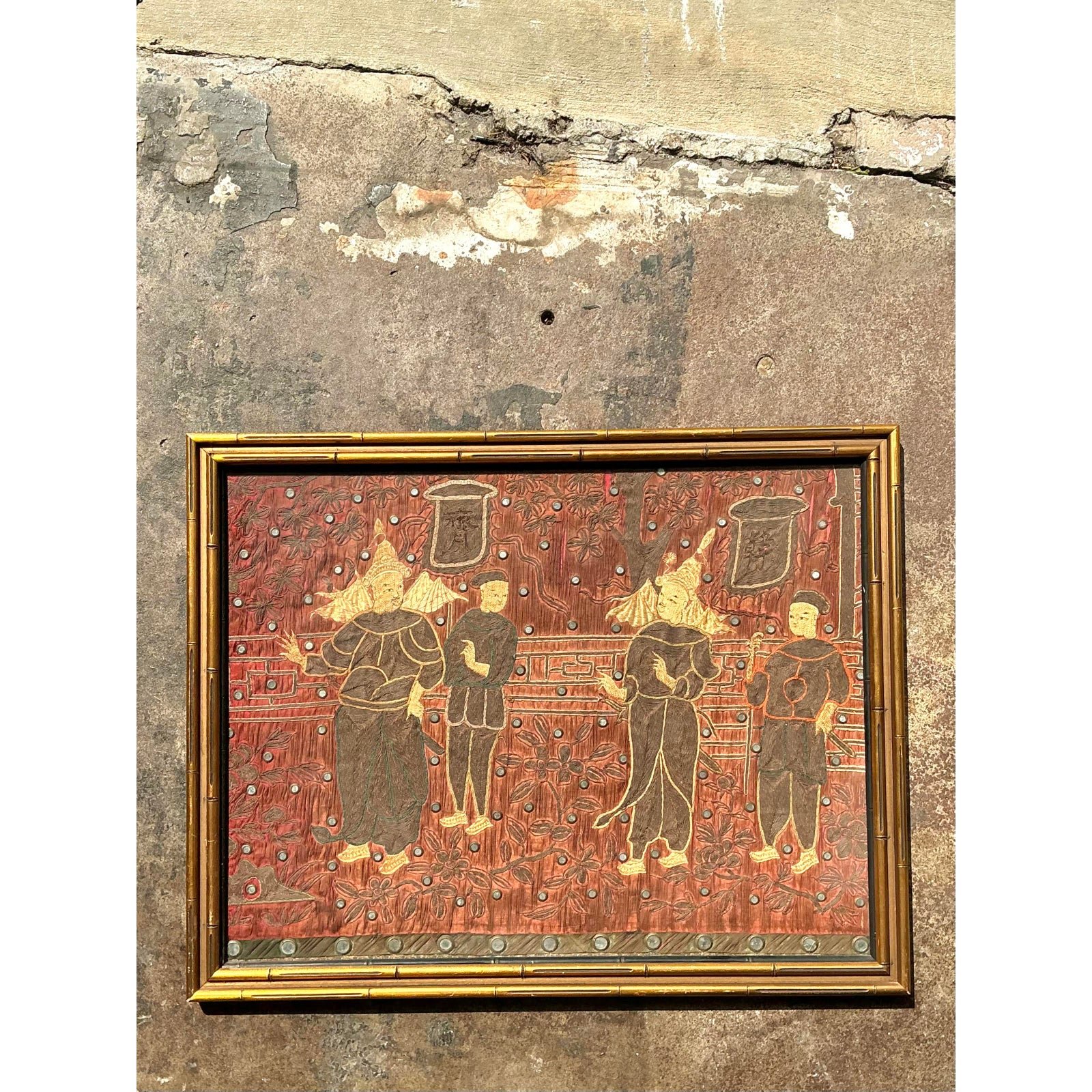 Vintage Asian Original Embroidered Silk Figurative - Top view