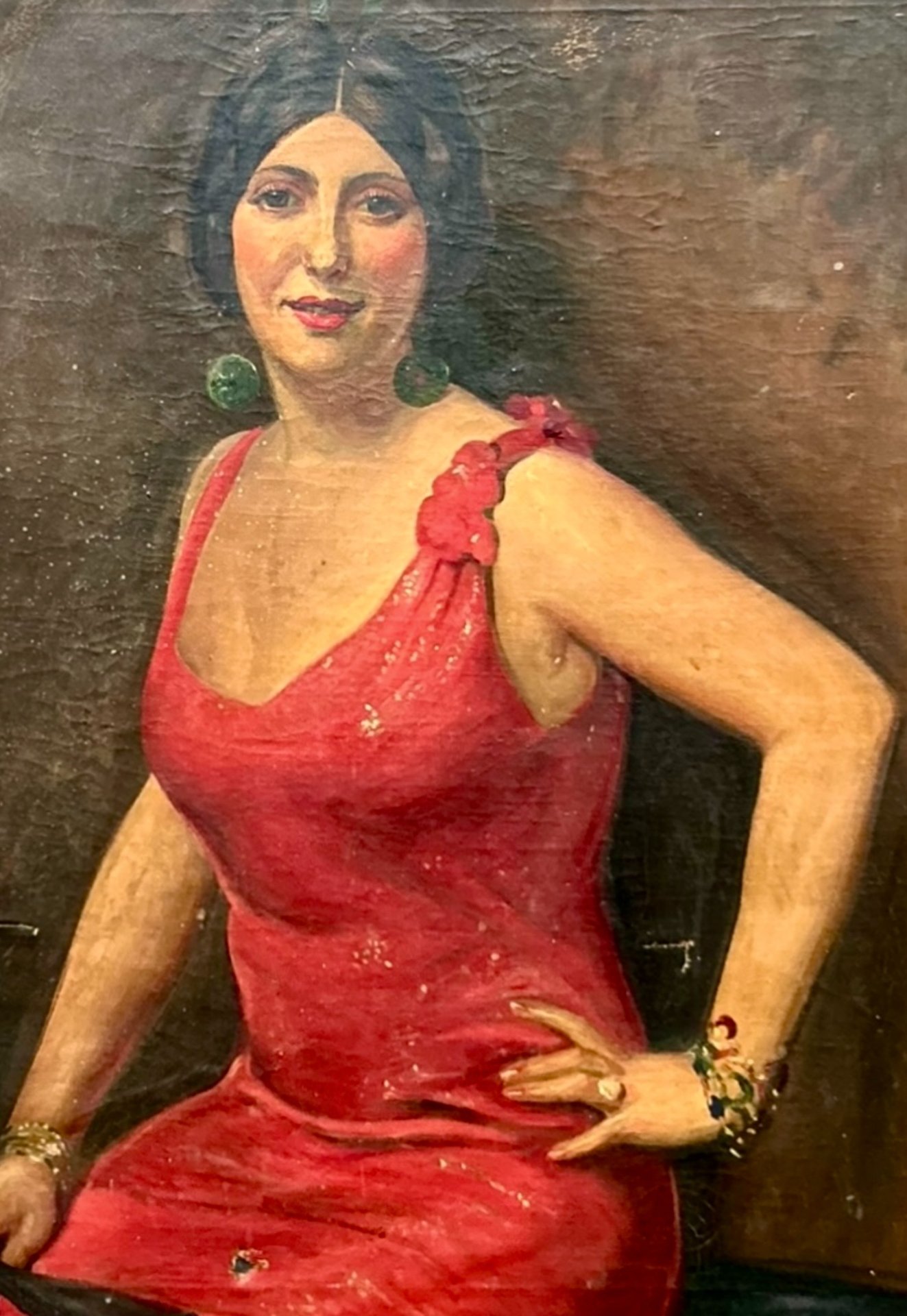 Vintage Boho Original Art Deco Oil Portrait of Woman - Side view