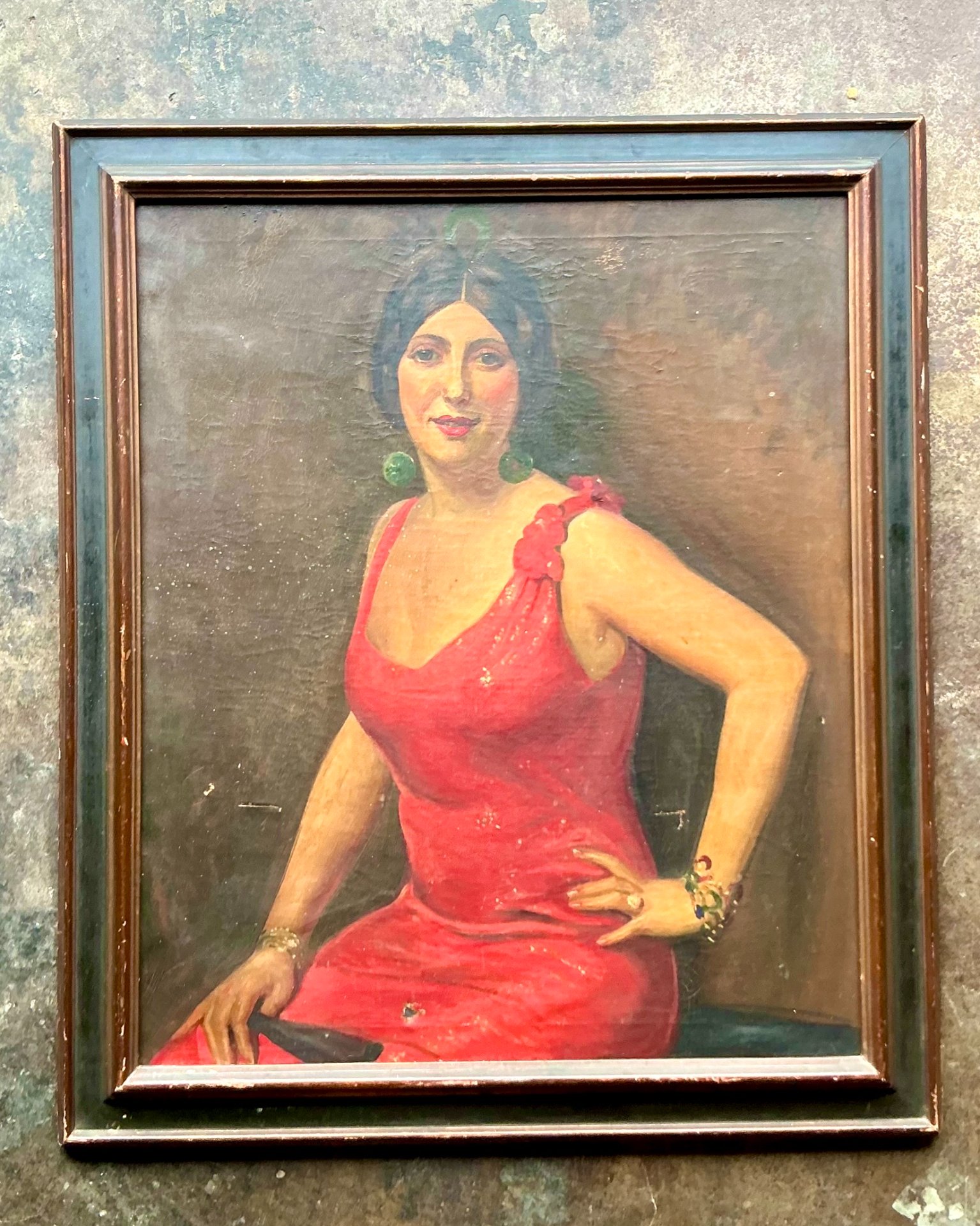 Vintage Boho Original Art Deco Oil Portrait of Woman - Detail view