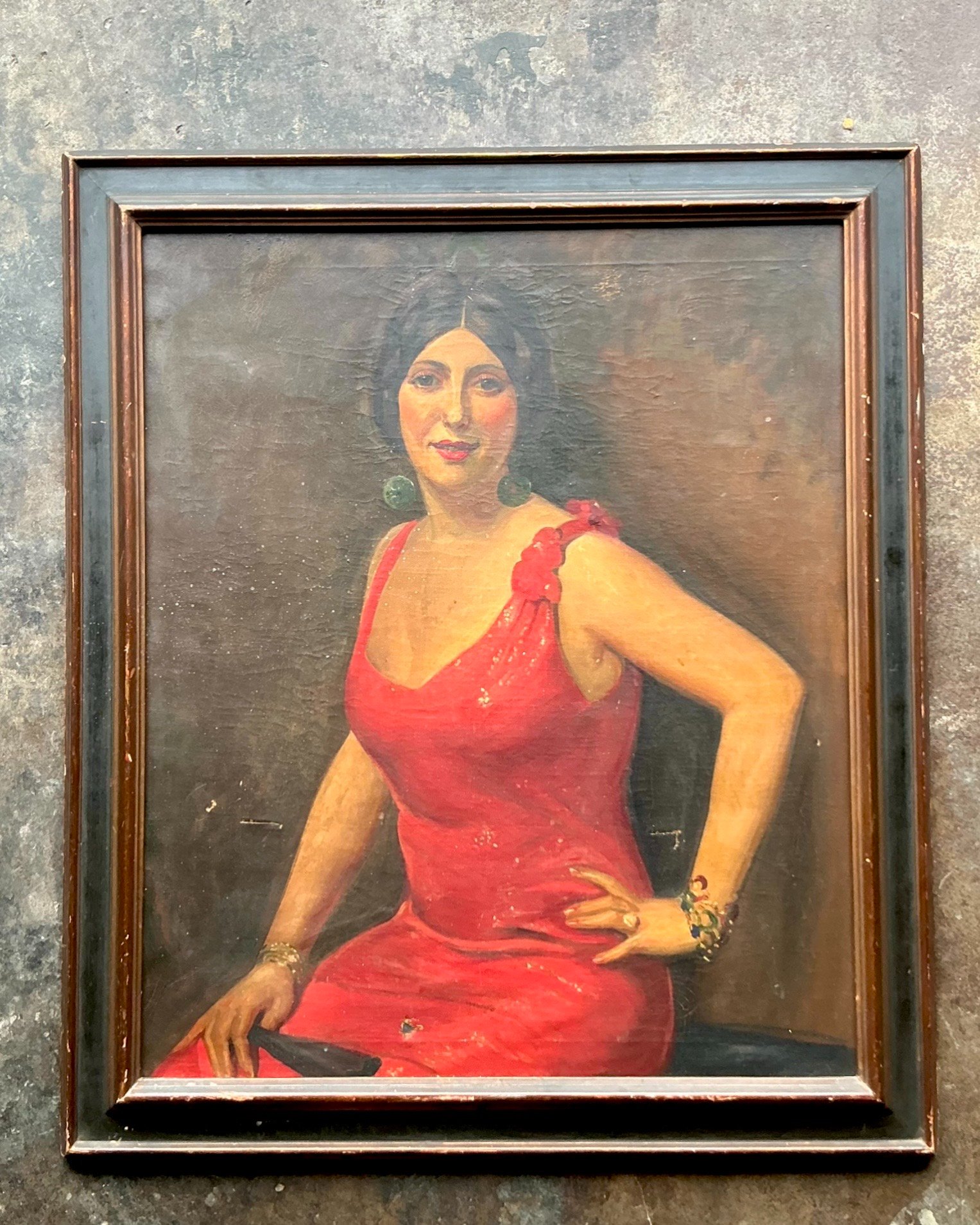 Vintage Boho Original Art Deco Oil Portrait of Woman - Top view