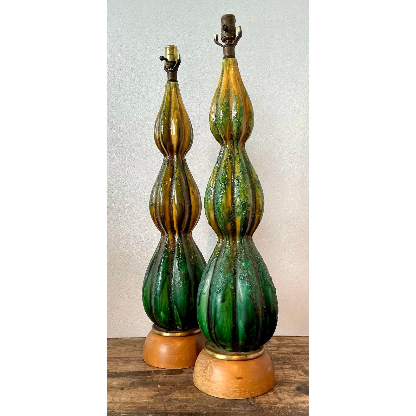 Vintage MCM Drip Glaze Ceramic Lamps - A Pair - Top view