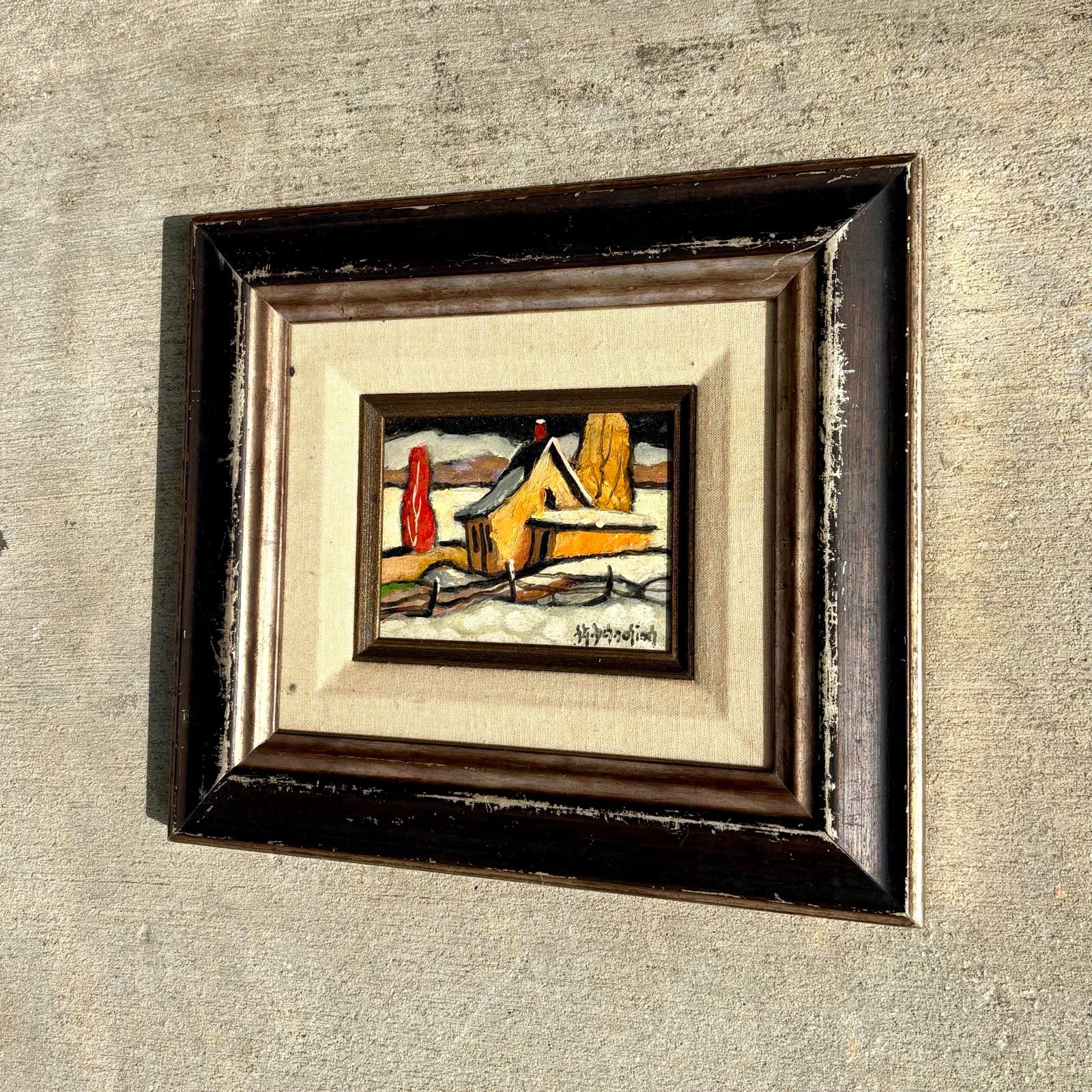 Vintage Boho Winter Farm Oil Painting in Frame - Detail view