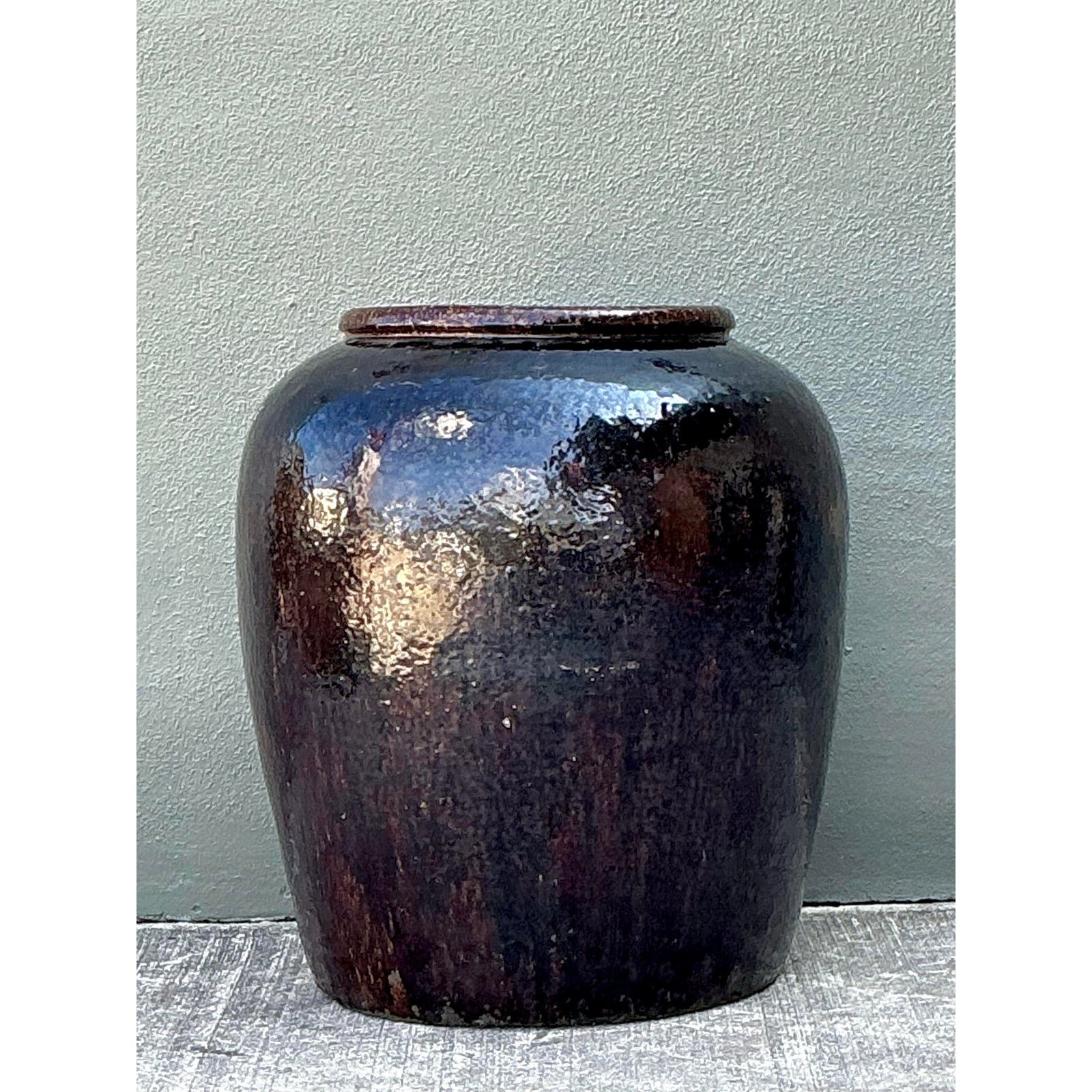Vintage Glazed Ceramic Martaban Urn - Back view