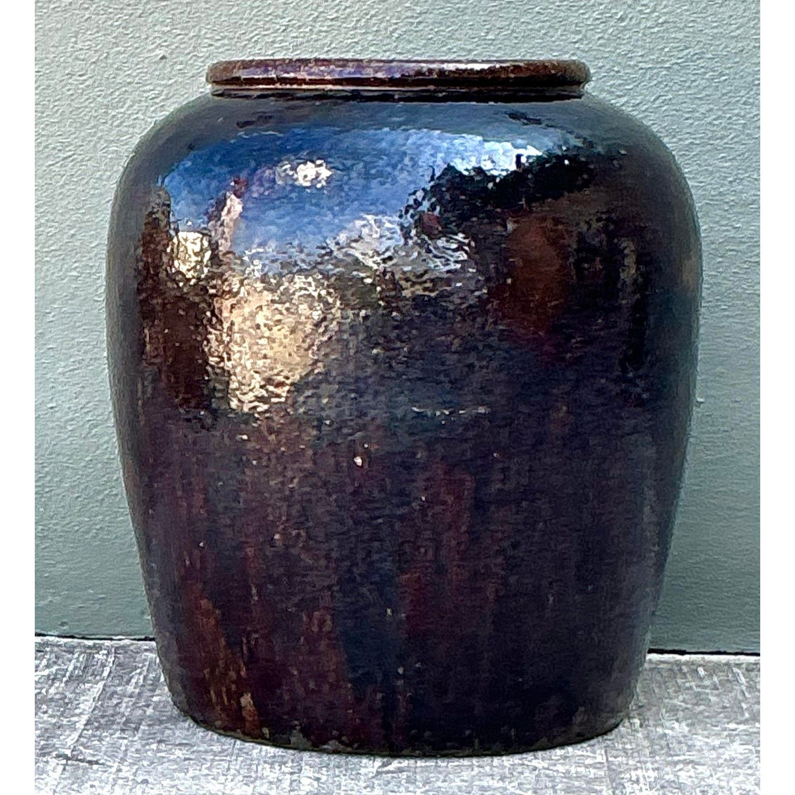 Vintage Glazed Ceramic Martaban Urn - Top view