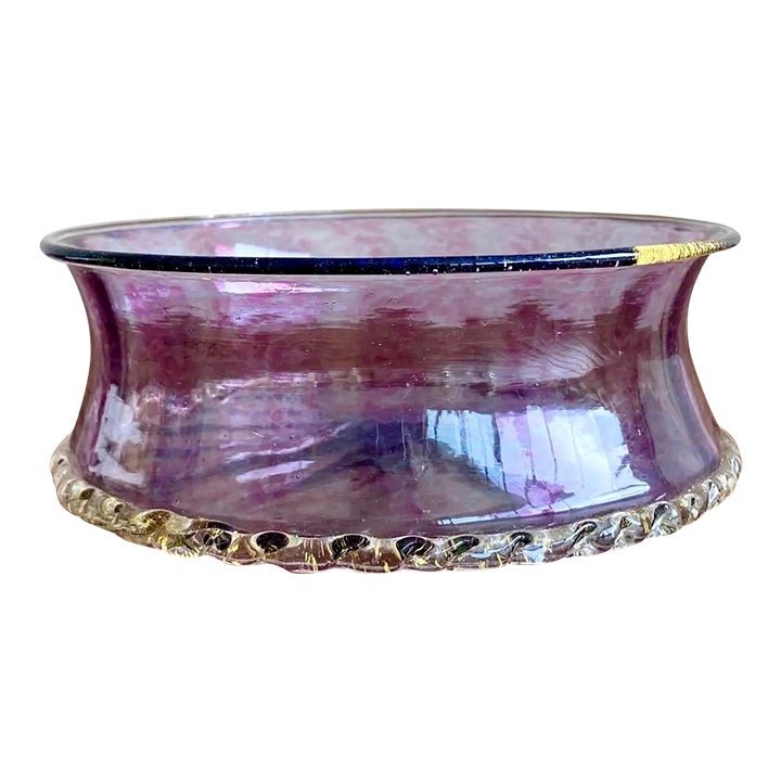 Vintage Boho Amethyst Handblown Glass Bowl With Scalloped Edge