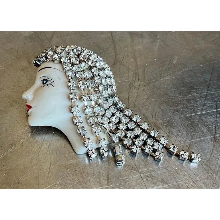 Vintage Art Deco Rhinestone Flapper Brooch - Side view