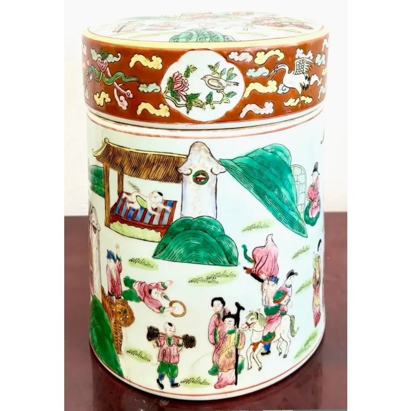 Vintage Asian Chinoiserie Hand Painted Lidded Vase - Detail view