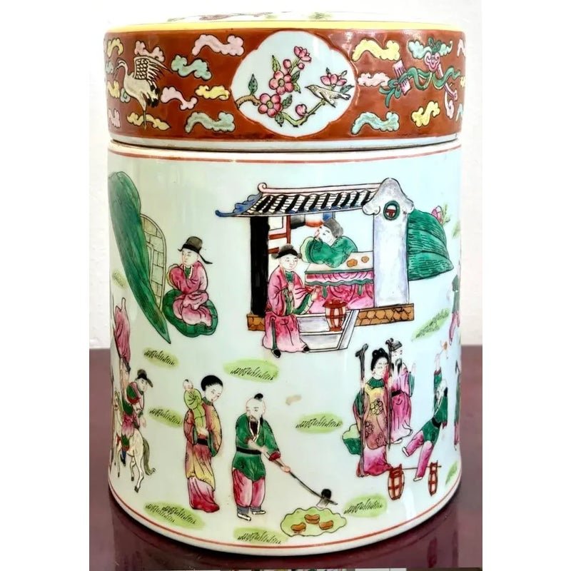 Vintage Asian Chinoiserie Hand Painted Lidded Vase - Side view