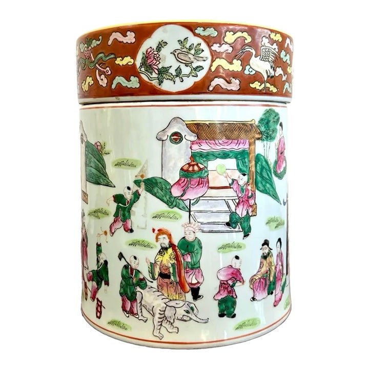 Vintage Asian Chinoiserie Hand Painted Lidded Vase