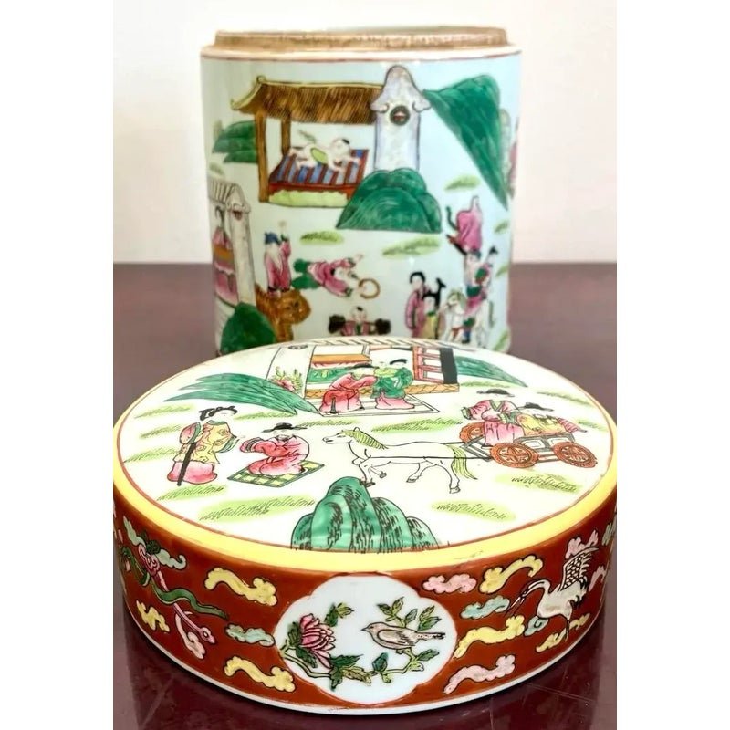Vintage Asian Chinoiserie Hand Painted Lidded Vase - Back view