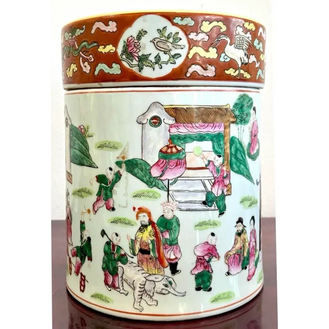 Vintage Asian Chinoiserie Hand Painted Lidded Vase - Top view