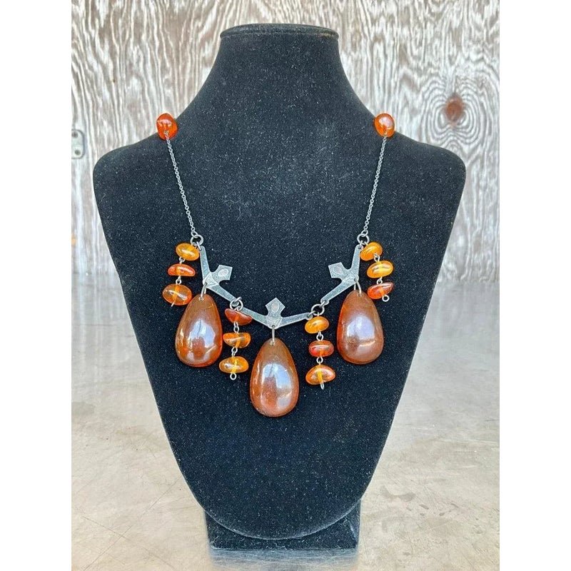 Vintage Cognac Amber Necklace With Blackened Silver - Side view