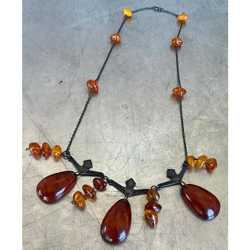 Vintage Cognac Amber Necklace With Blackened Silver - Top view