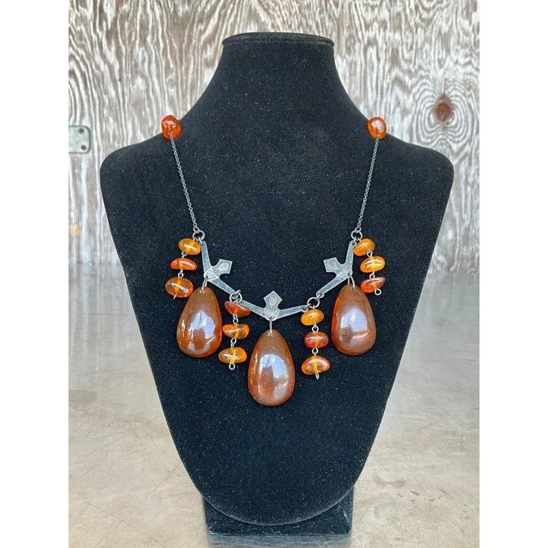 Vintage Cognac Amber Necklace With Blackened Silver - Back view