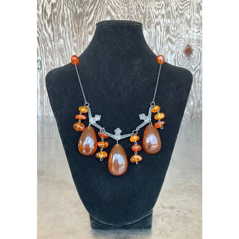 Vintage Cognac Amber Necklace With Blackened Silver - Detail view