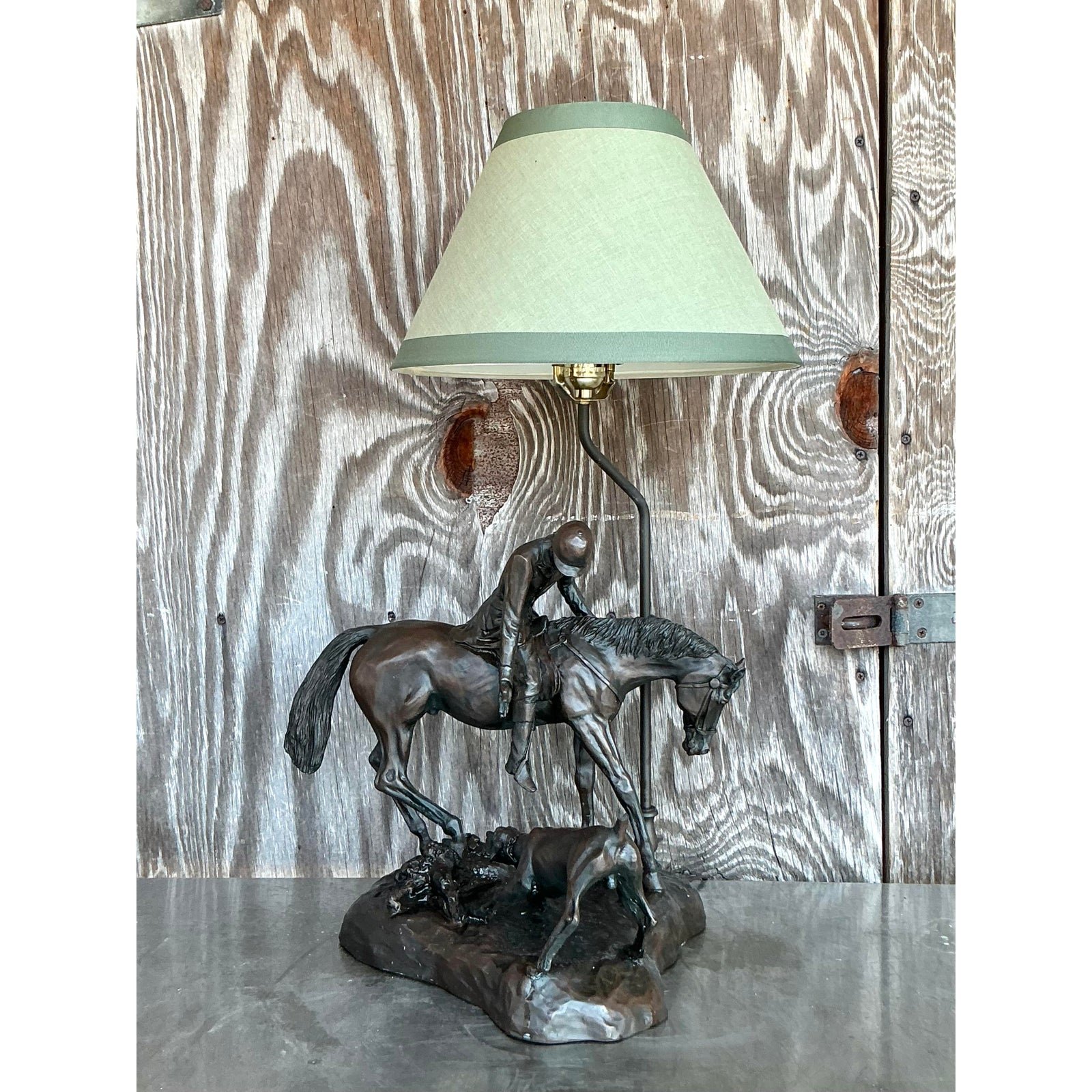 Vintage Boho Bronze Horse and Rider Lamp - Side view