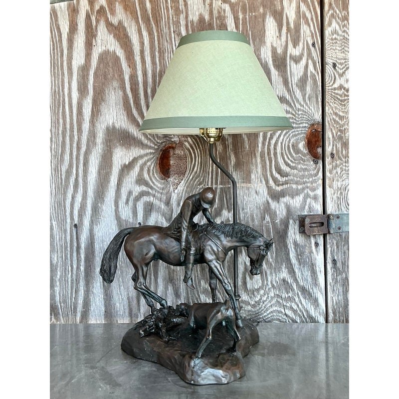 Vintage Boho Bronze Horse and Rider Lamp - Back view
