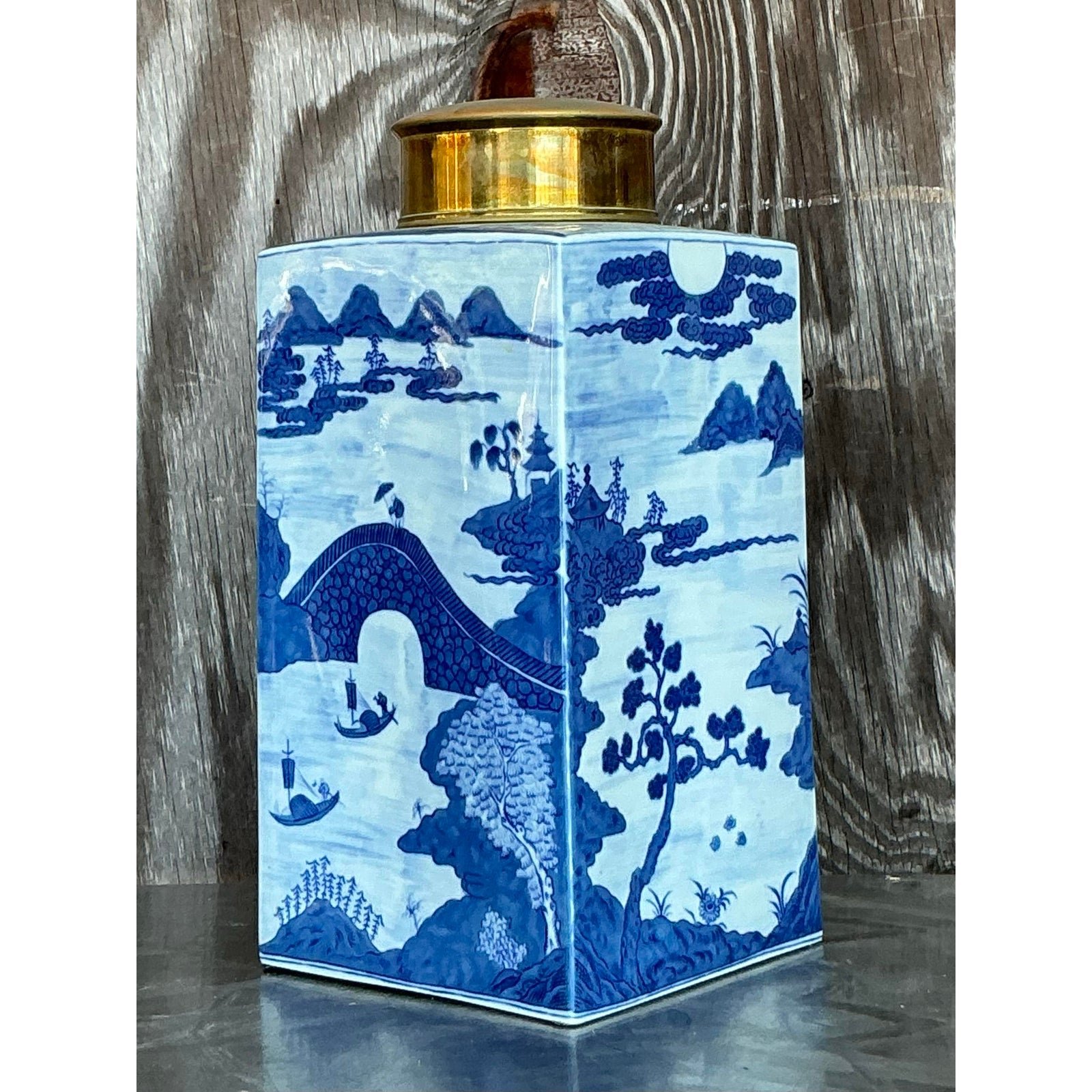 Vintage Asian Blue and White Brass Cap Ginger Jar - Detail view