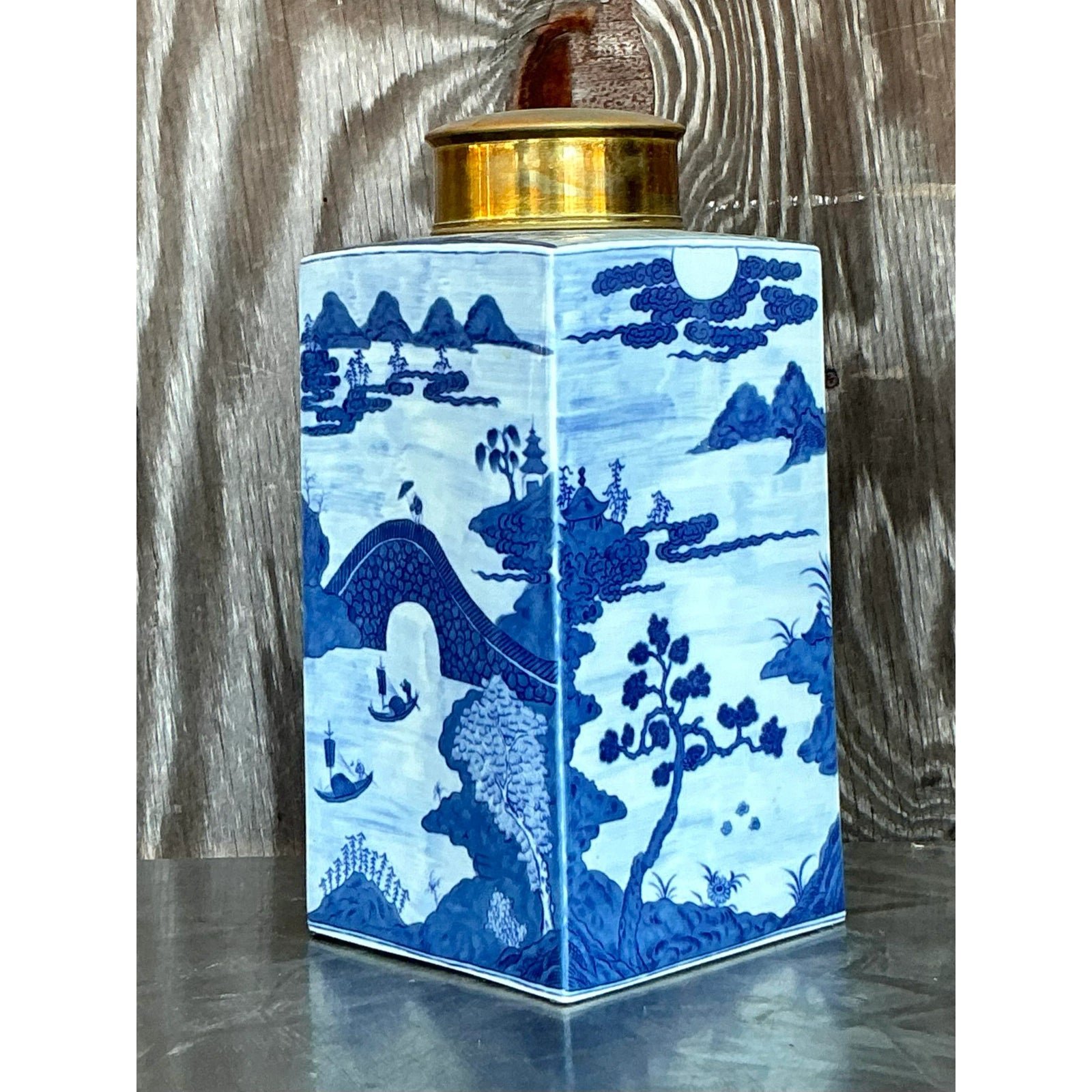 Vintage Asian Blue and White Brass Cap Ginger Jar - Top view