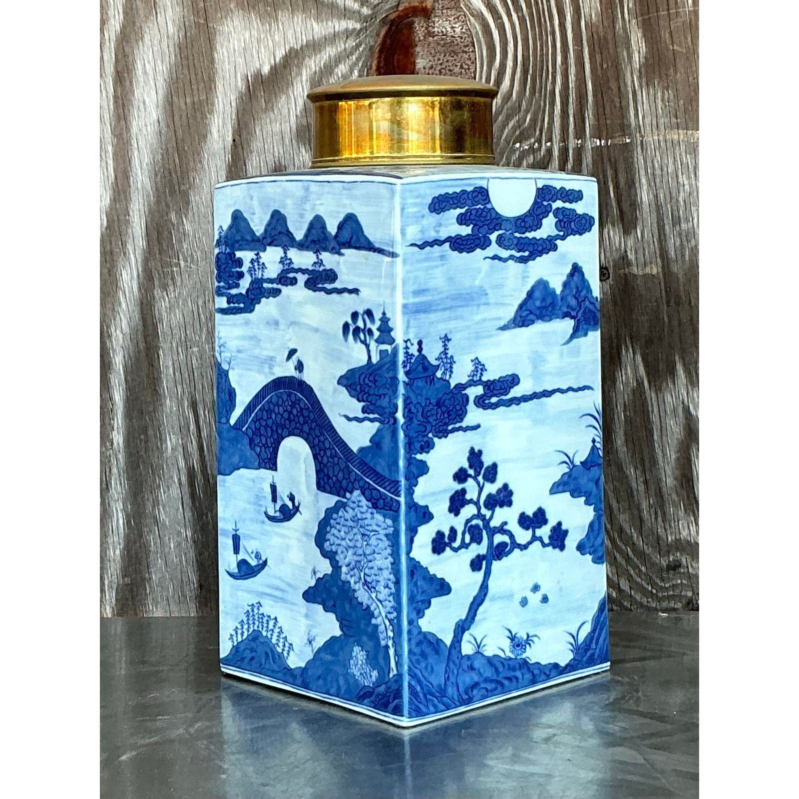 Vintage Asian Blue and White Brass Cap Ginger Jar - Side view