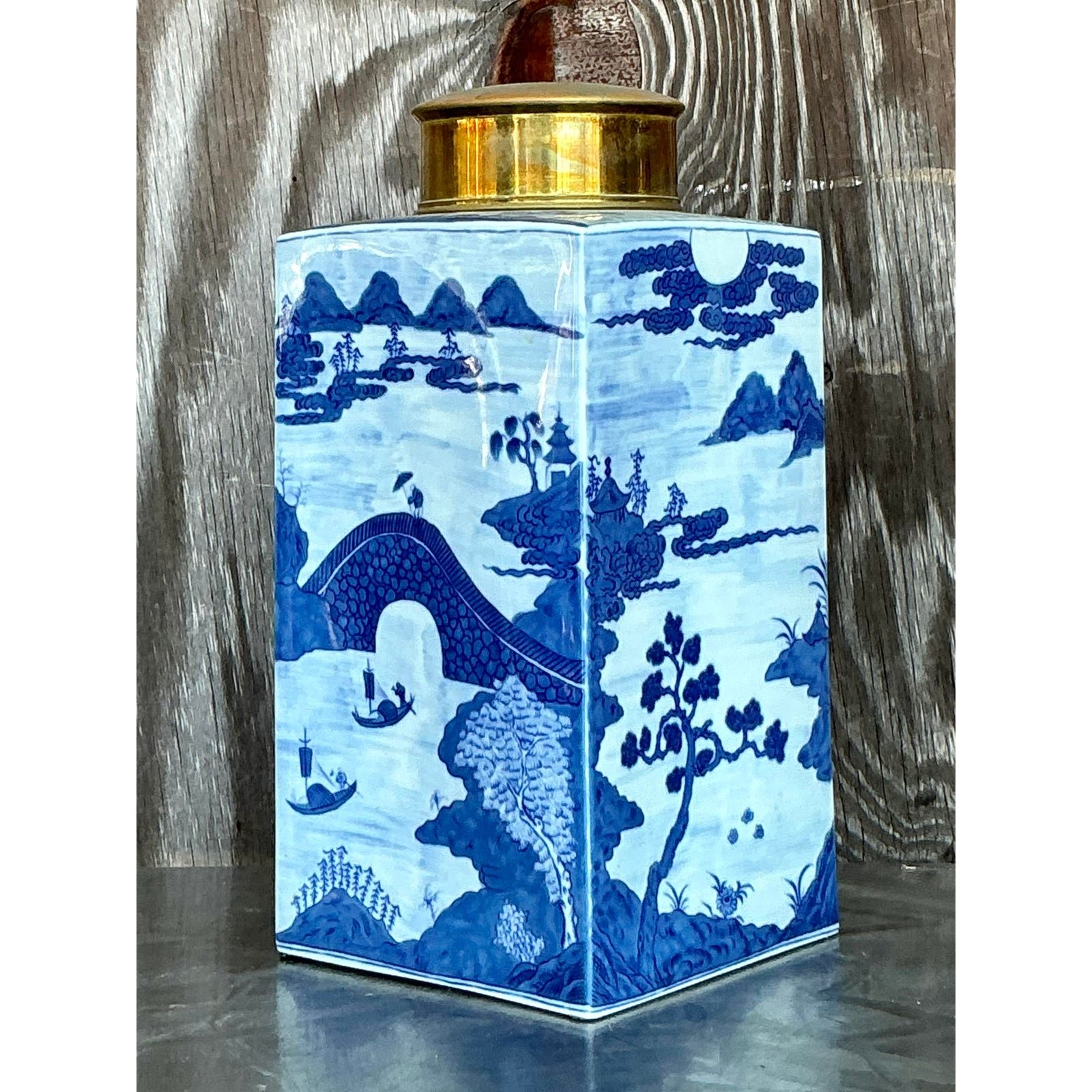 Vintage Asian Blue and White Brass Cap Ginger Jar - Back view